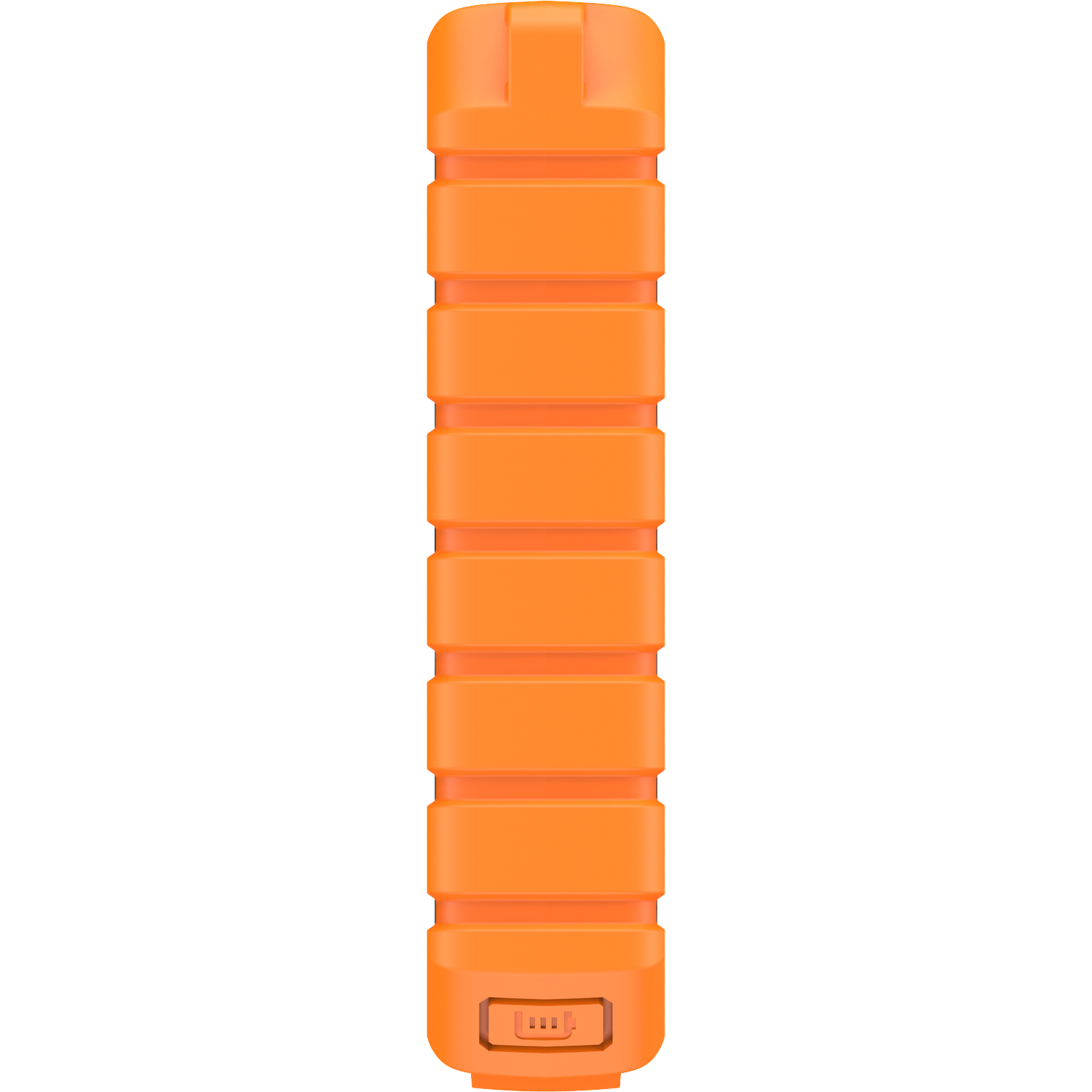 An orange, rectangular power bank with horizontal ridges and a charging indicator.