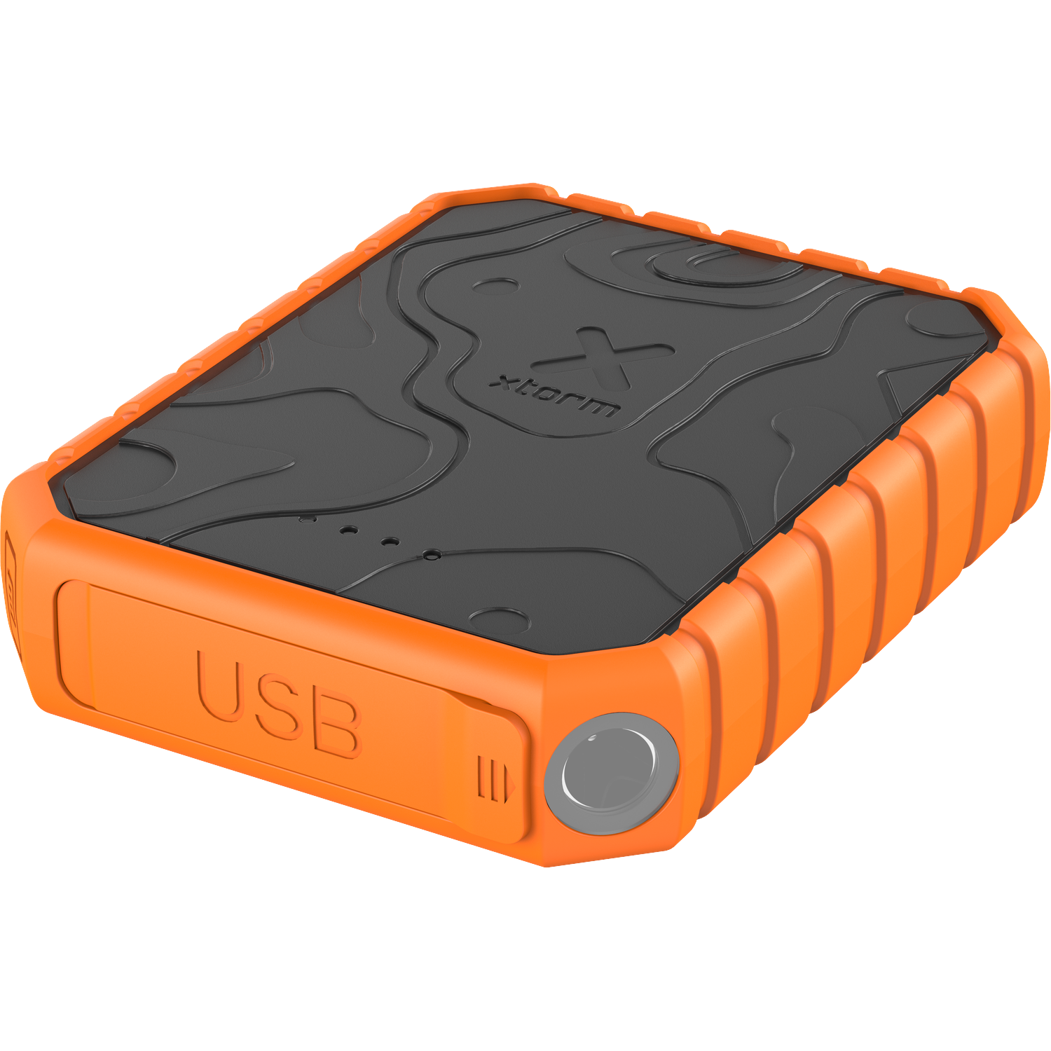 An orange and black power bank with USB port and ridged texture.