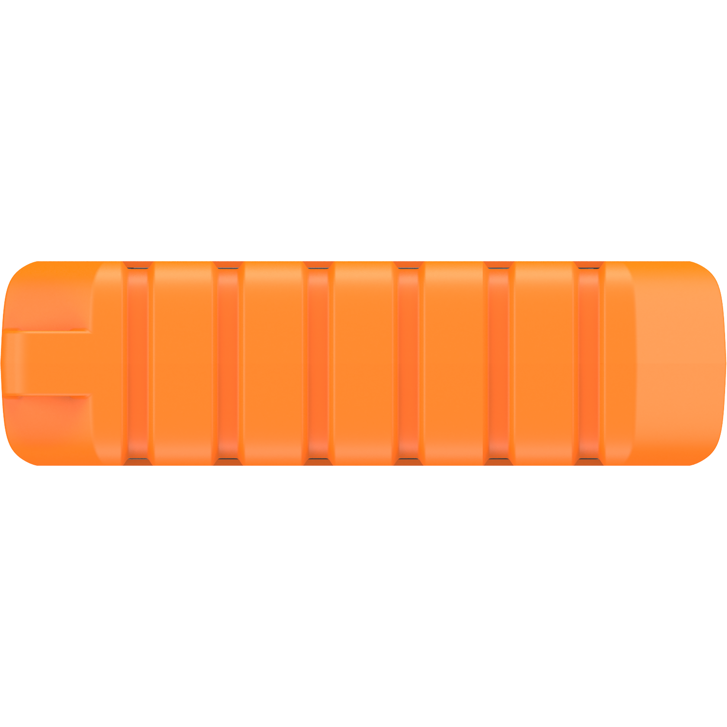 A long, orange object with vertical grooves and dark accents.