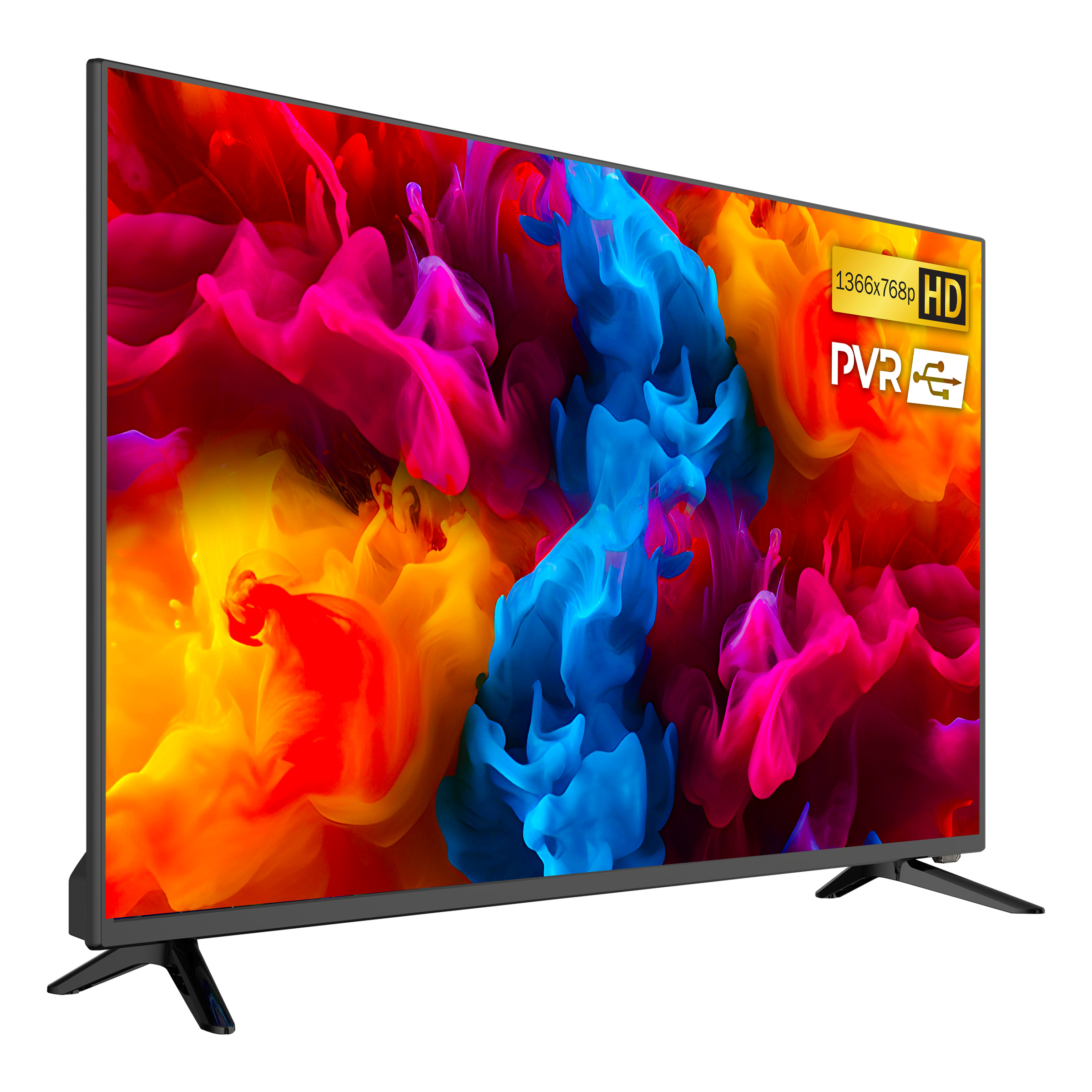 Telewizor płaskoekranowy z żywą sztuką abstrakcyjną i ikonami HD/PVR.