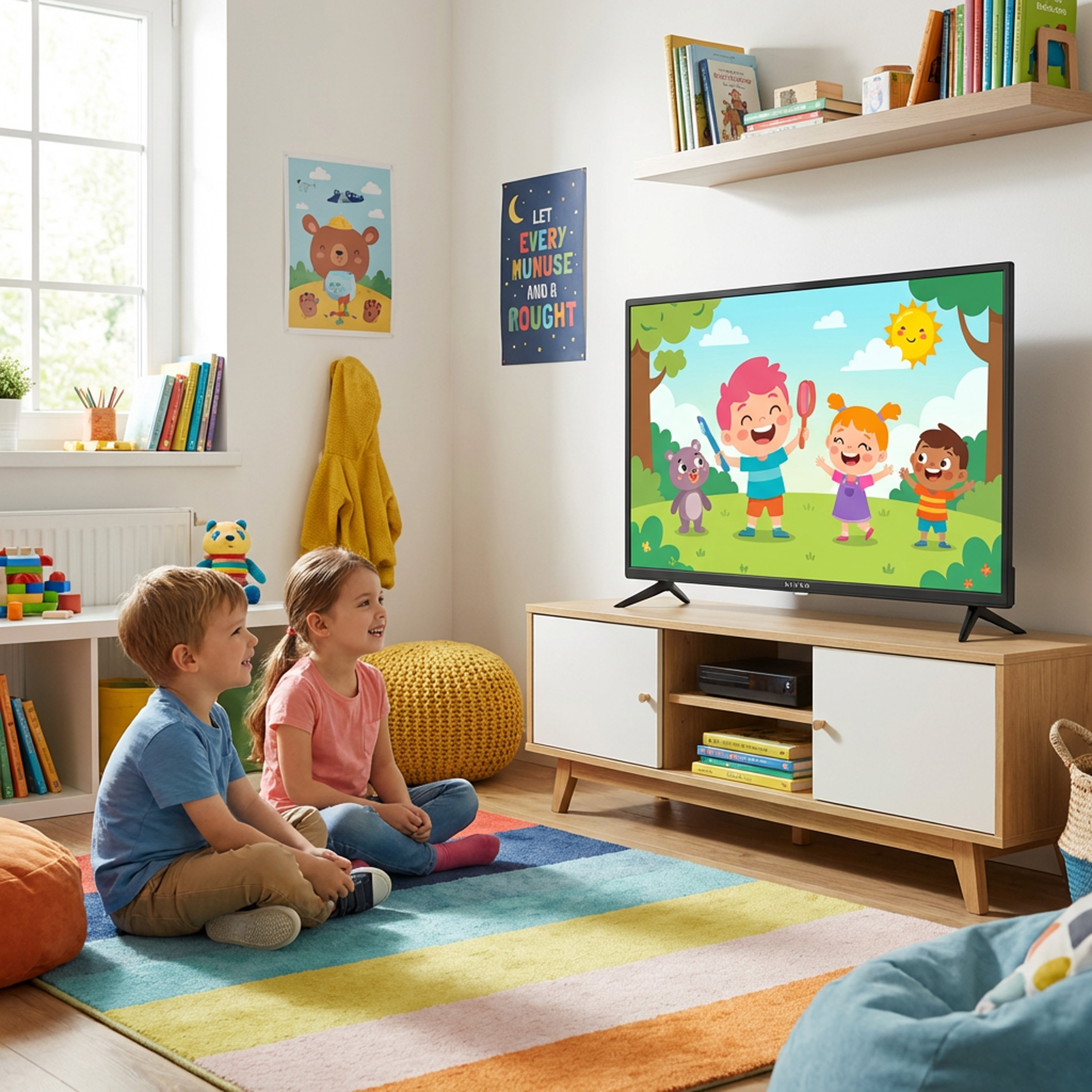 Dwoje dzieci siedzi na kolorowym dywanie, oglądając telewizję. Widać pluszowego misia i książki.