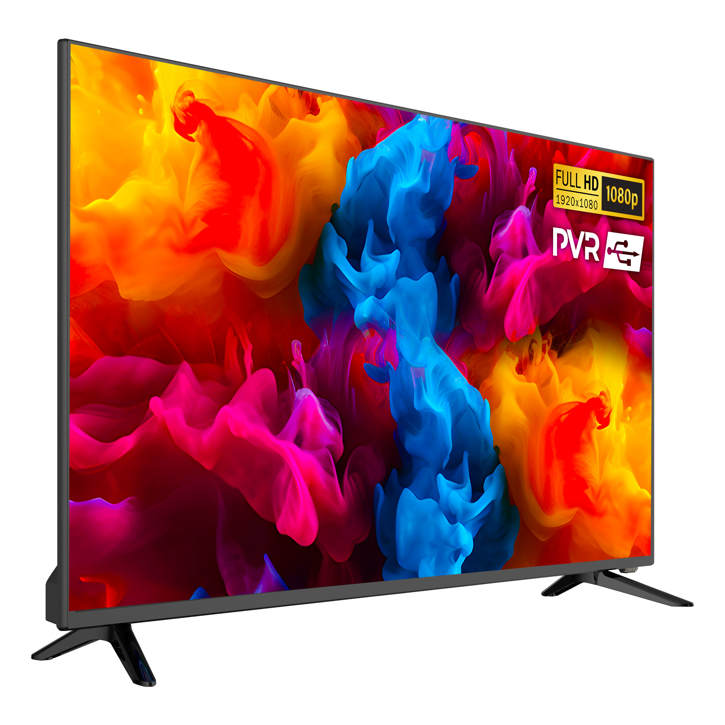 Nowoczesny telewizor z żywym, kolorowym obrazem i dwoma podstawkami.