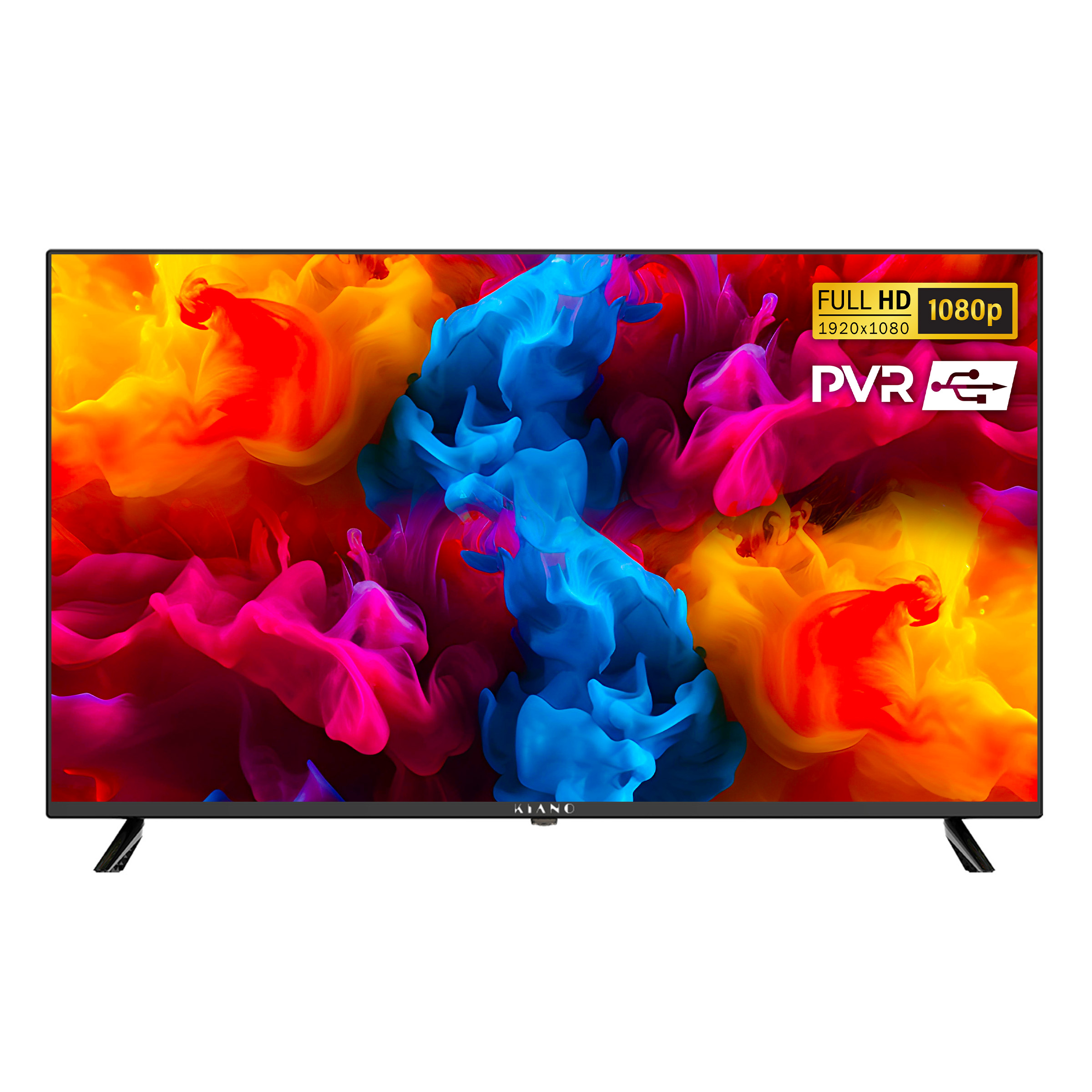 Nowoczesny telewizor z żywym, abstrakcyjnym tłem i specyfikacją techniczną.