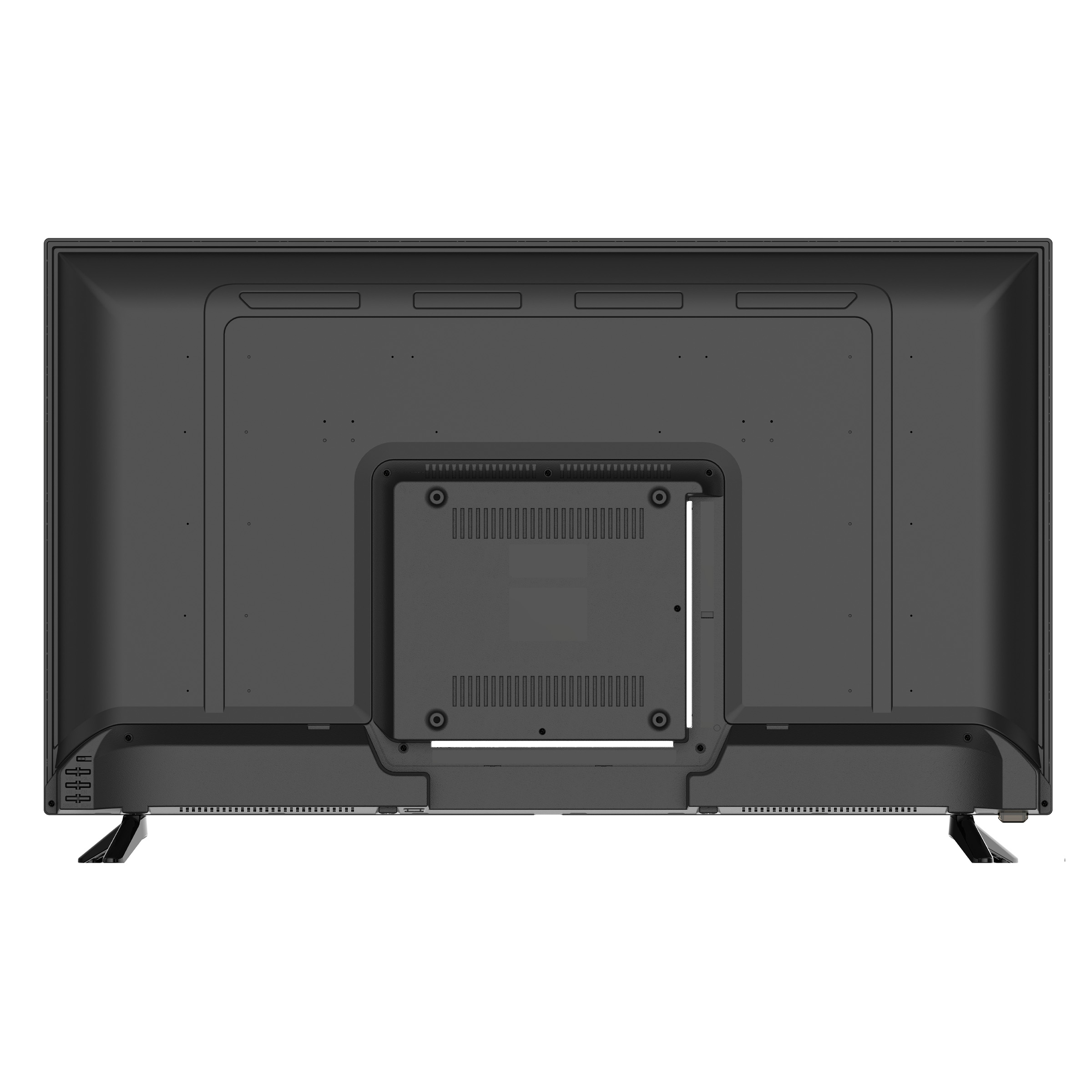 Tył czarnego telewizora z widocznymi portami i nogami.