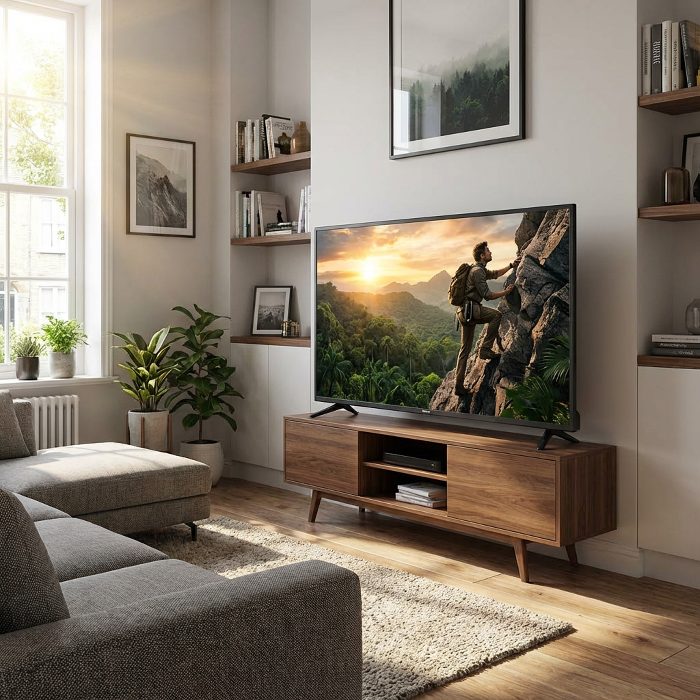 Mężczyzna wspina się po skale przy zachodzie słońca. Scena w salonie.