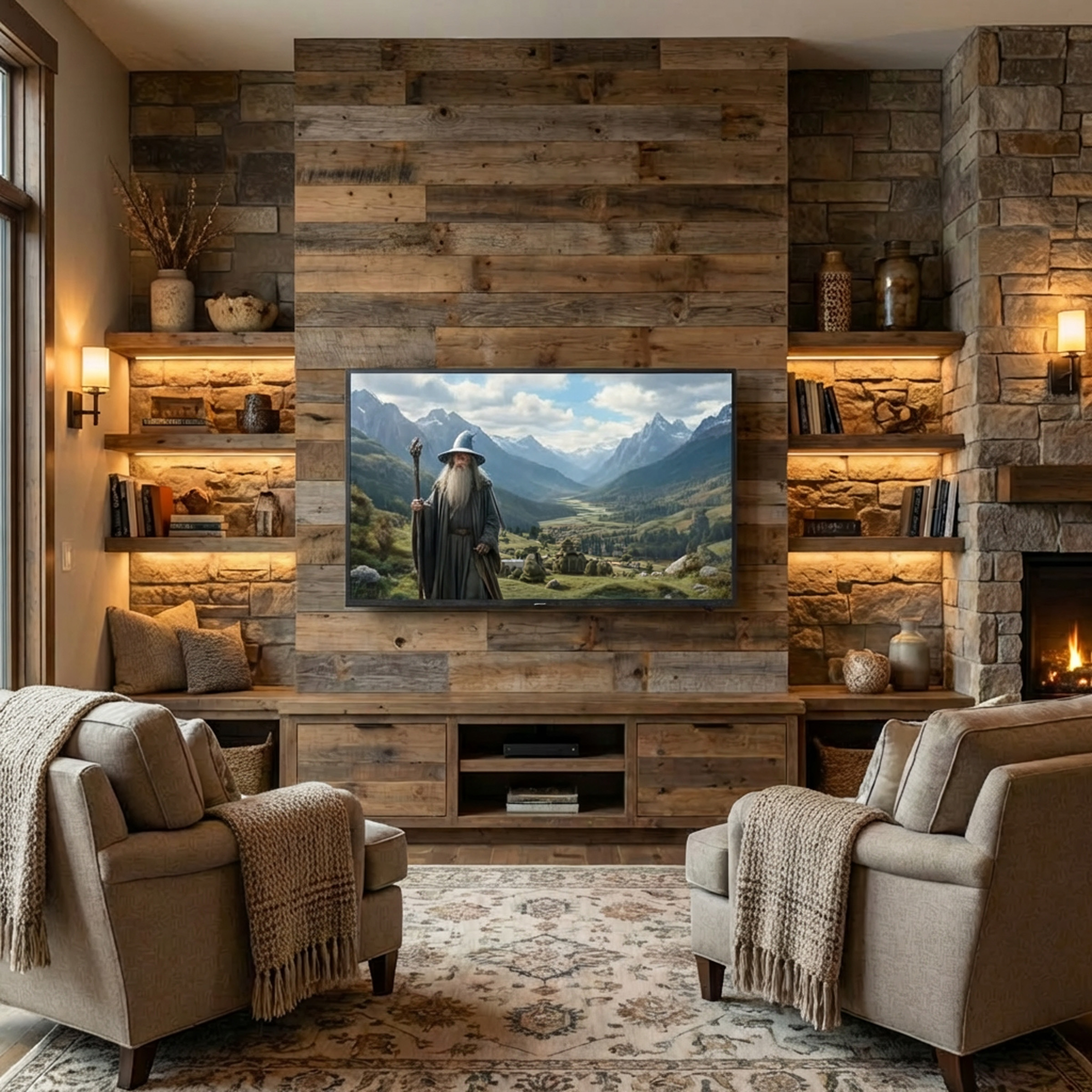 Przytulny salon z kominkiem, miejscem na drewno i miejscami do siedzenia.