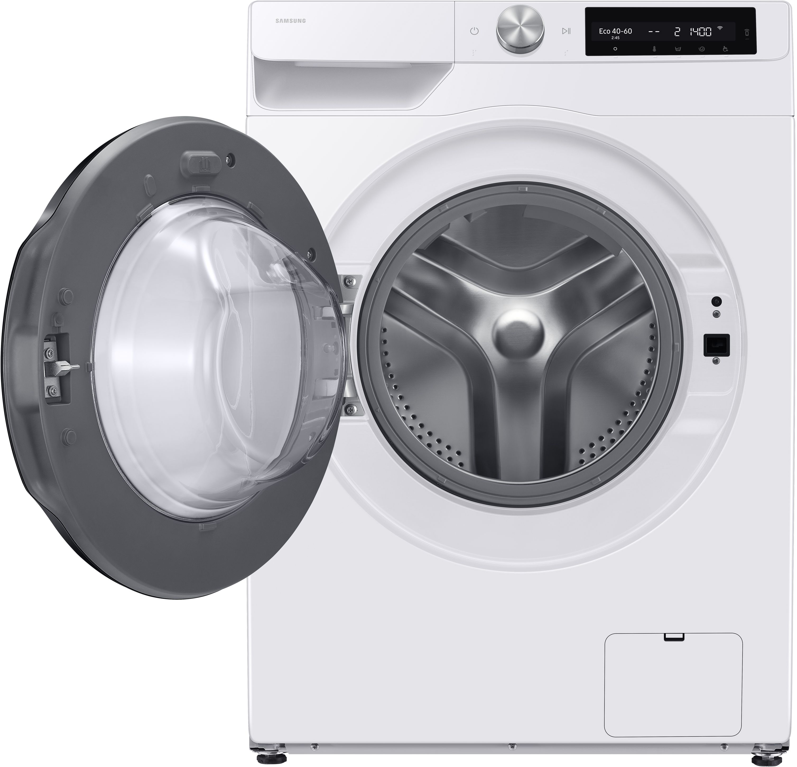 Weiße Samsung Waschmaschine mit geöffneter Tür und silbernem Bedienfeld.