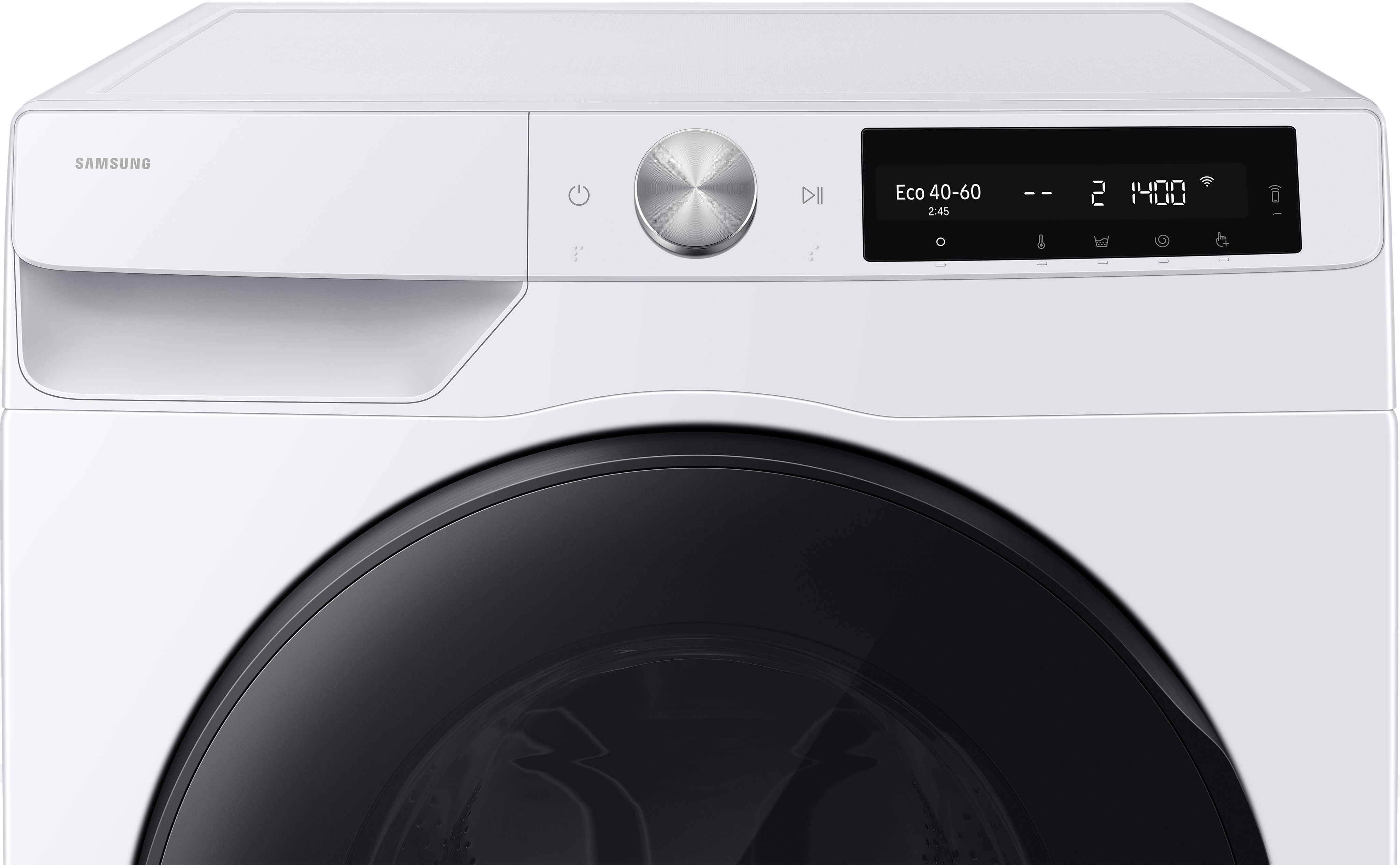 Weiße Samsung Waschmaschine mit schwarzer Tür und digitalem Display.