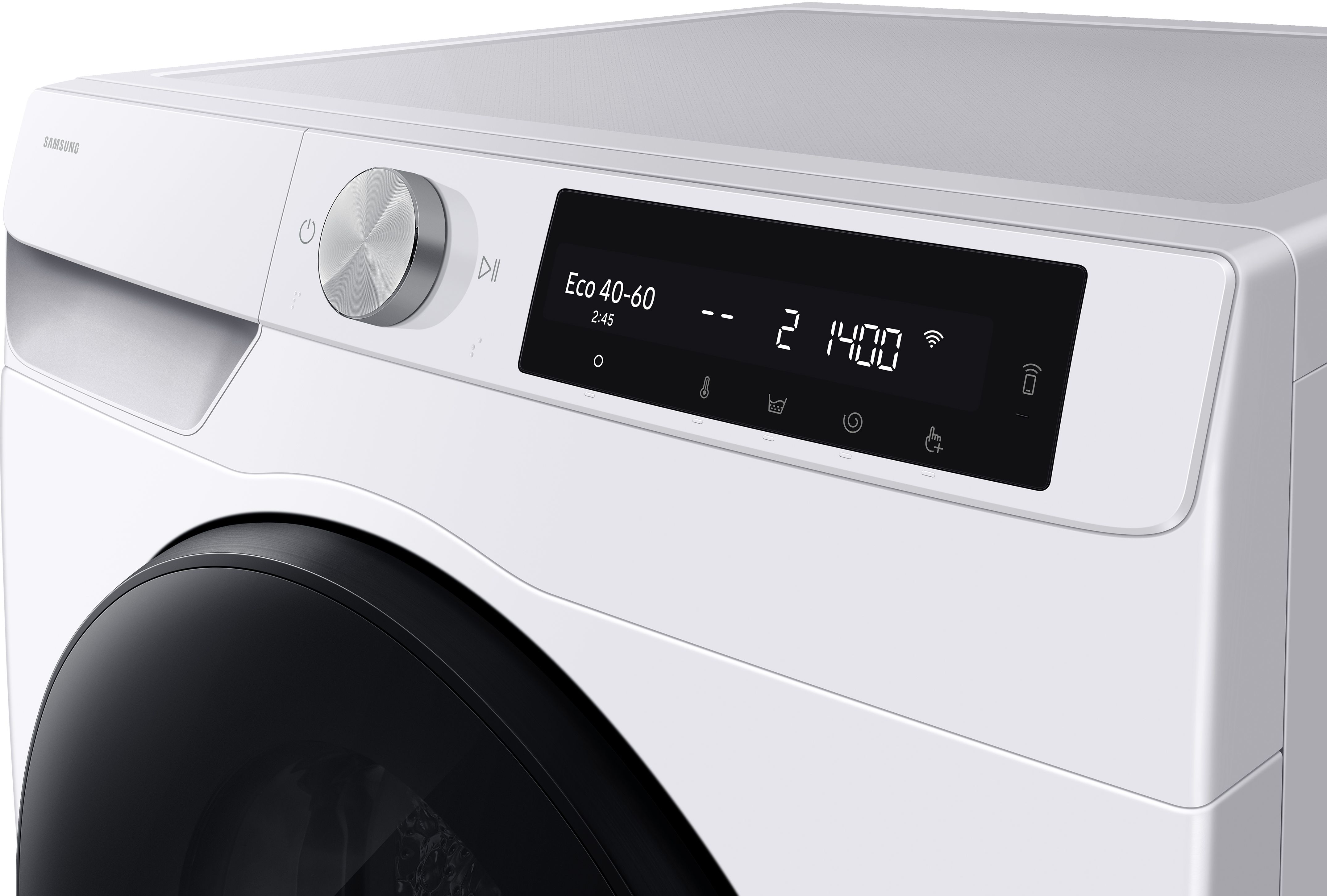 Weiße Samsung Waschmaschine mit digitalem Display, das Eco 40-60 anzeigt.