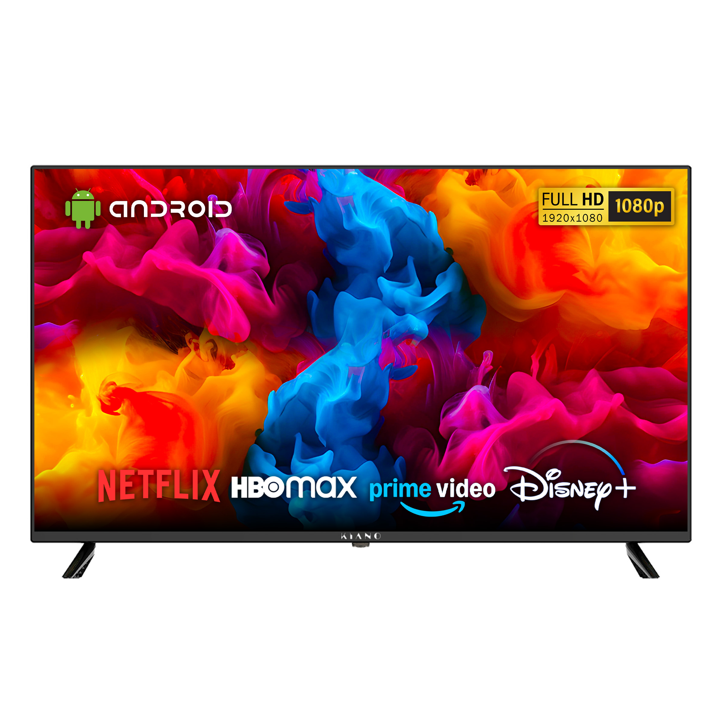 Telewizor z logo Android i usługami streamingowymi na tle kolorowych grafik dymu.