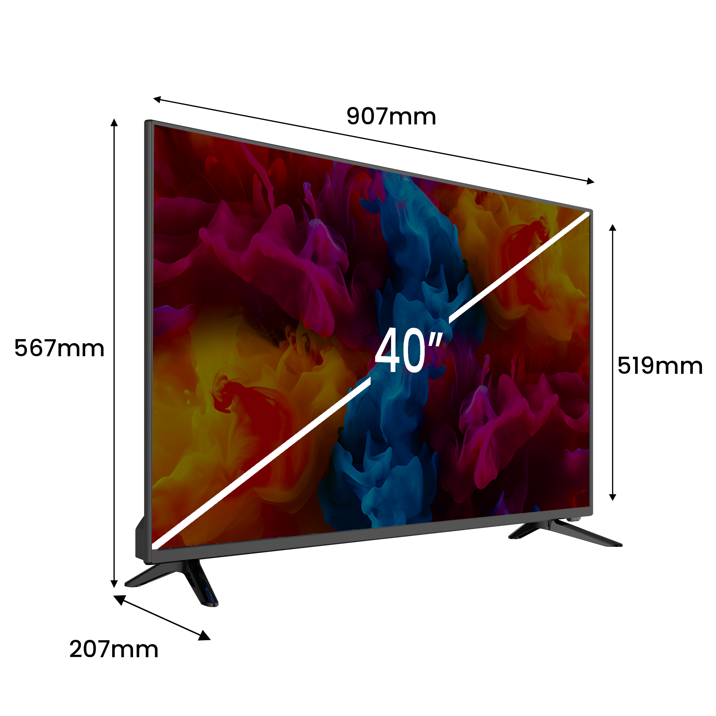 Telewizor 40 cali z ciemną ramką i kolorowym dymem.