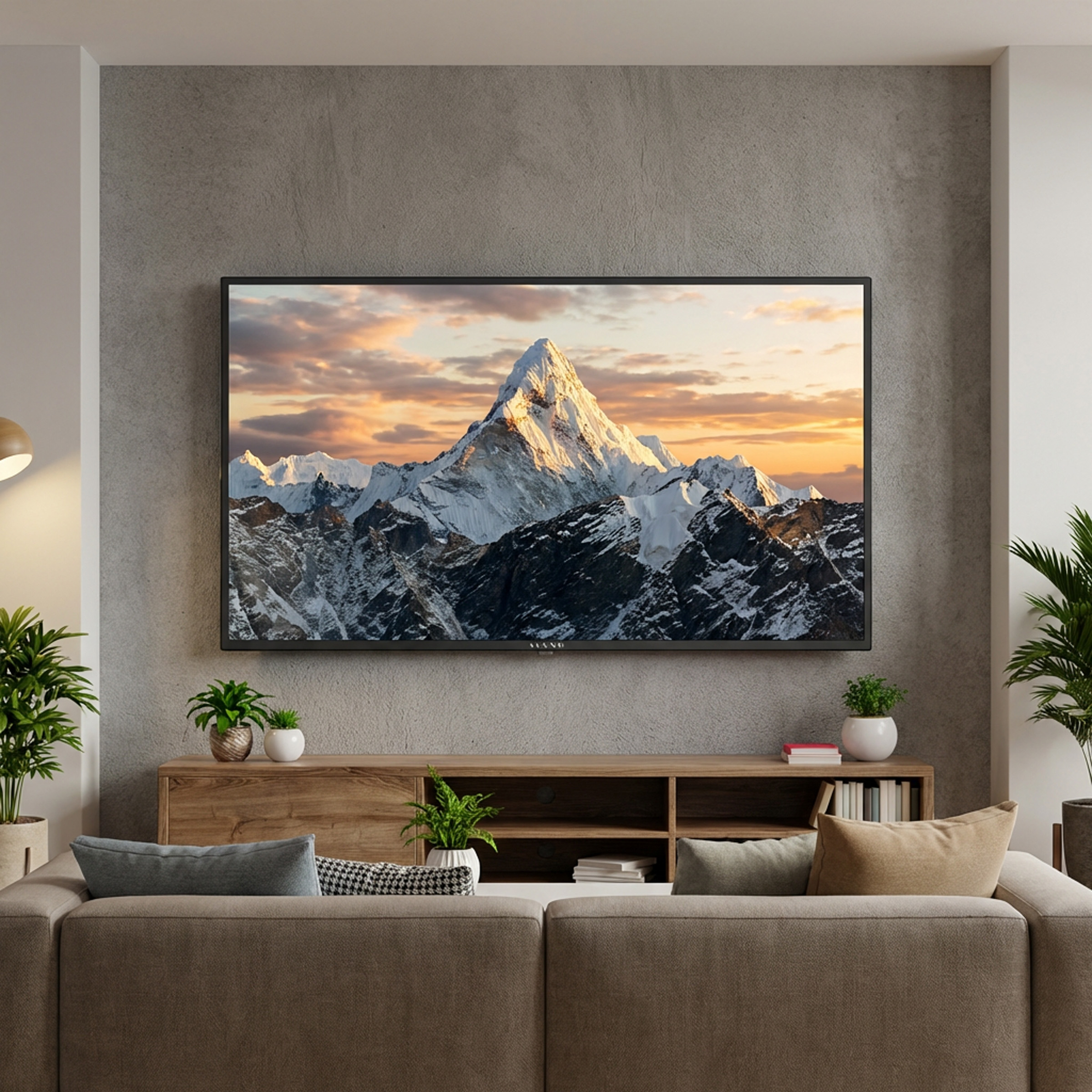 Salon z dużym telewizorem pokazującym ośnieżoną górę.