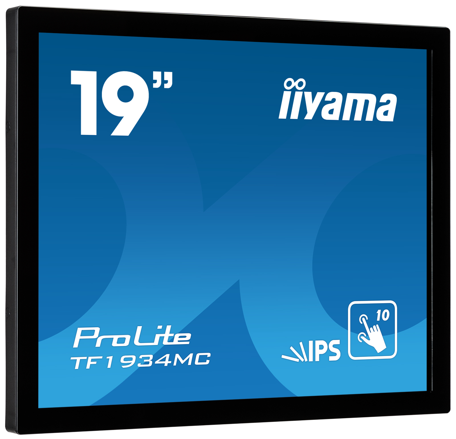 Ein 19-Zoll-Monitor mit ProLite TF1934MC-Logo und IPS-Touchscreen-Symbol.