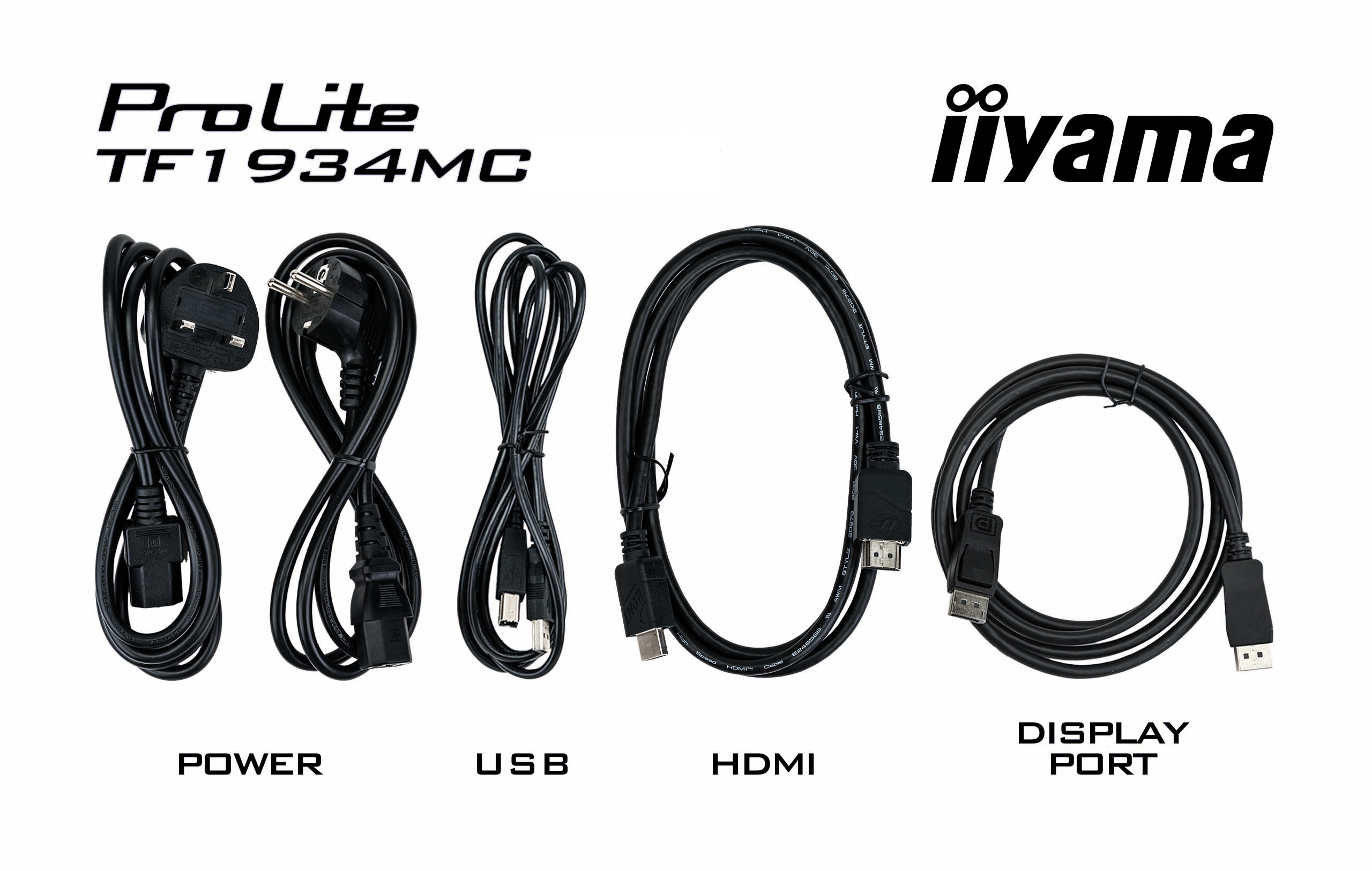 Fünf schwarze Kabel: Strom, USB, HDMI, DisplayPort, mit 'ProLite' und 'iiyama' Logos.