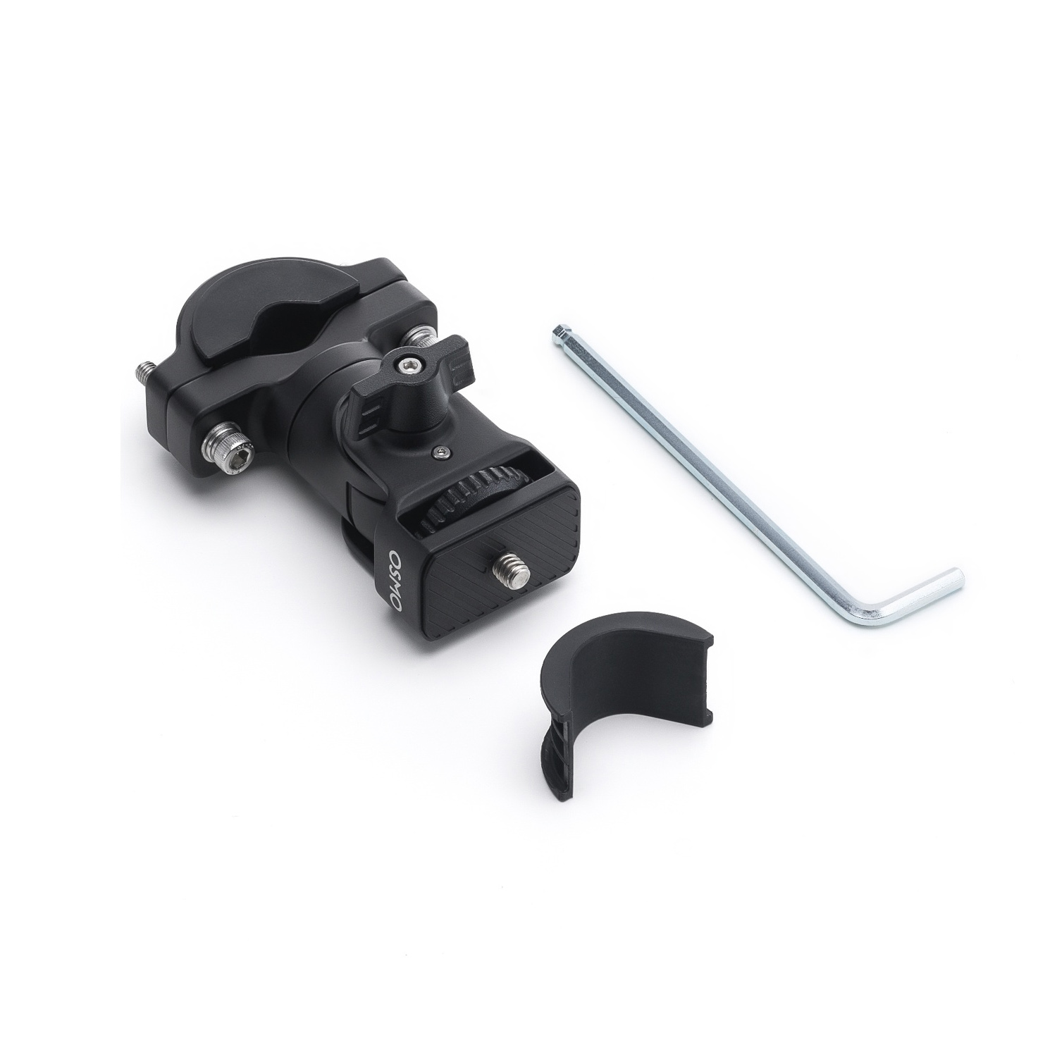Un supporto per fotocamera nero con accessori su sfondo bianco.