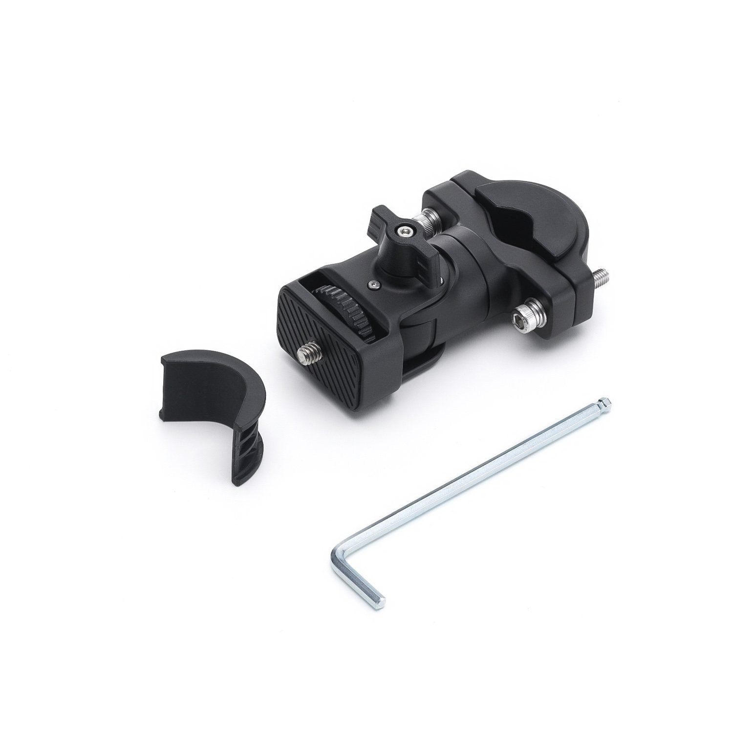 Supporto nero regolabile con chiave a brugola e inserto in gomma su sfondo bianco.