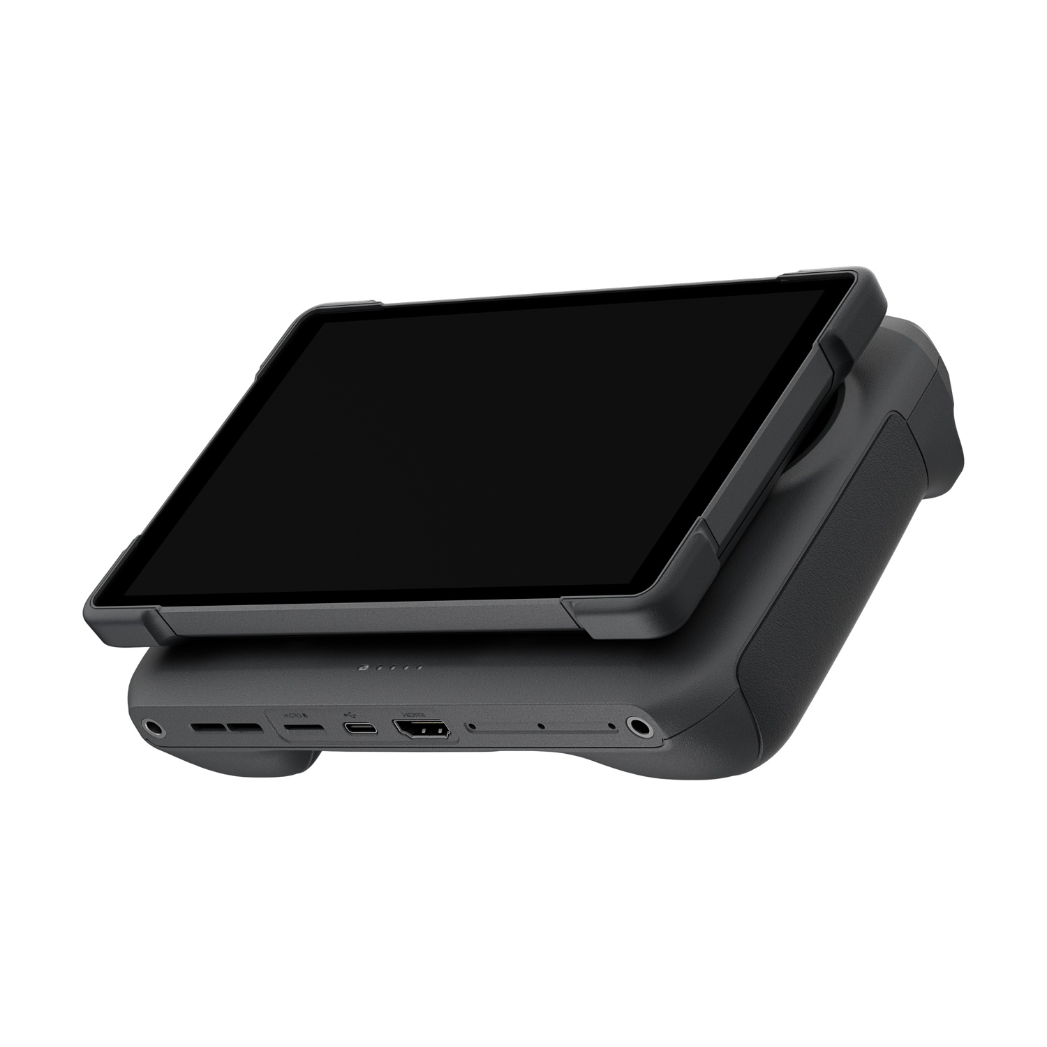 Un tablet nero con impugnatura sottostante, dotato di porte.