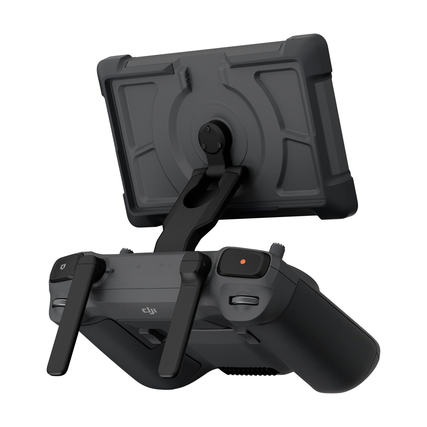 Un controller drone grigio con supporto per tablet e tablet collegato.