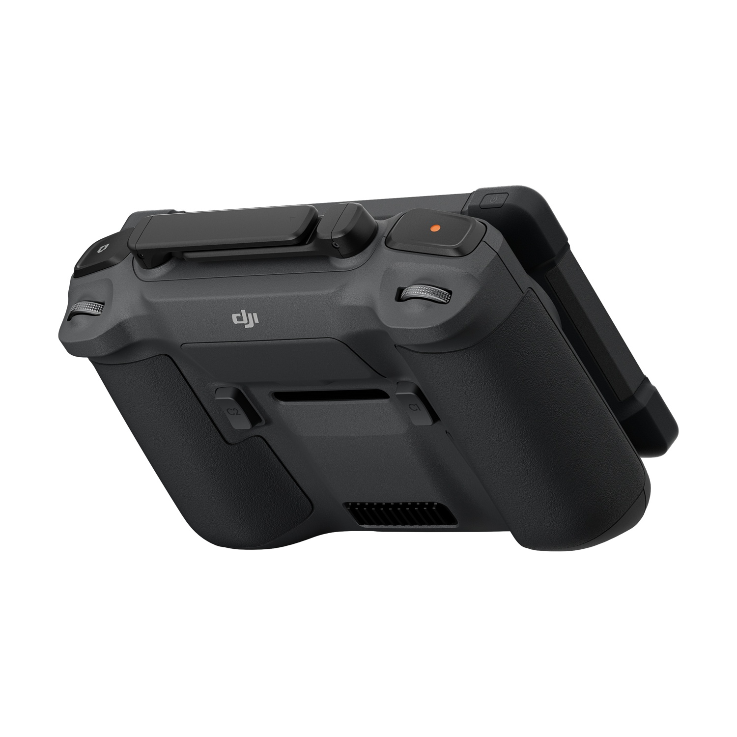 Controller drone nero con pulsanti e rotelle, vista ravvicinata.