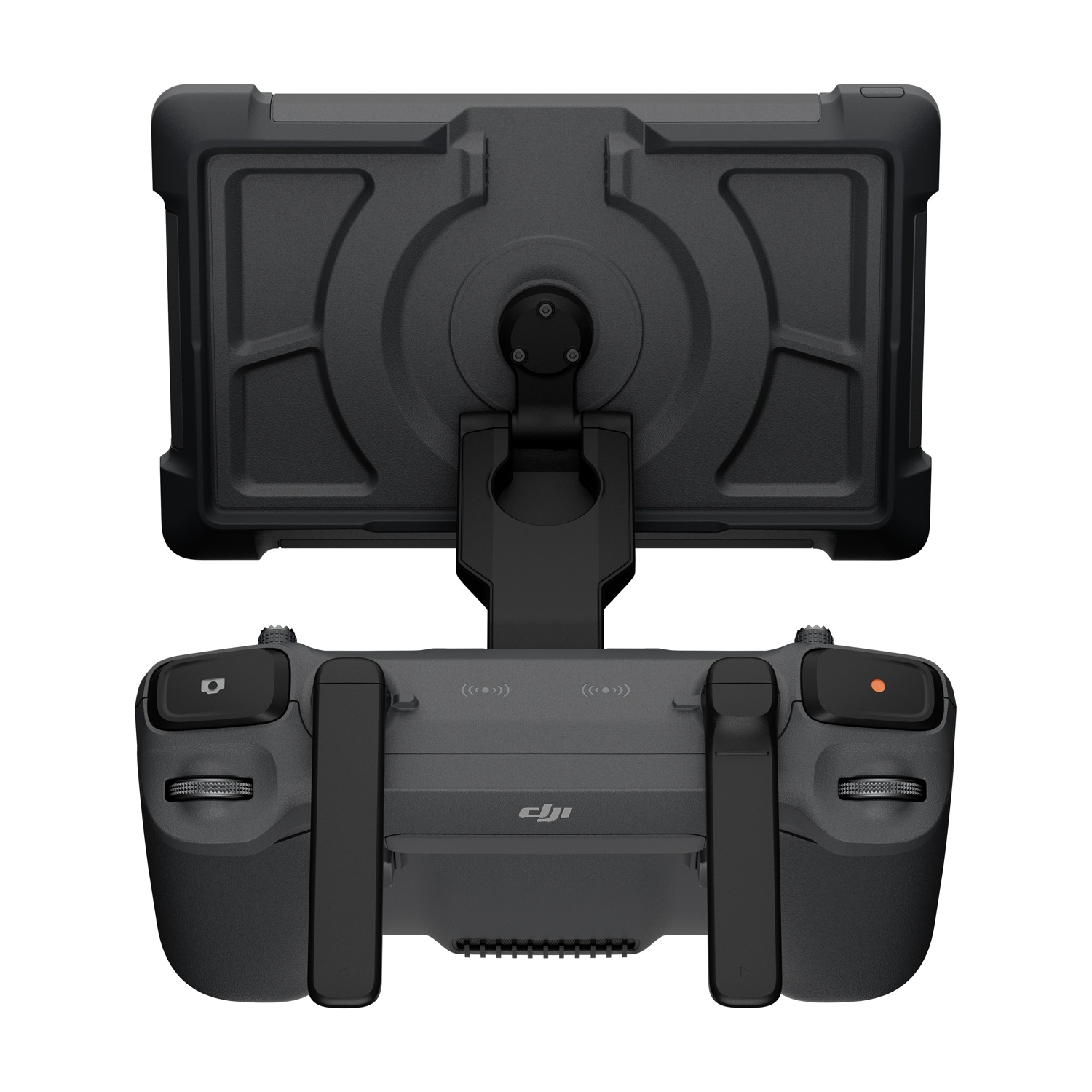 Controller drone nero con supporto schermo e controlli.