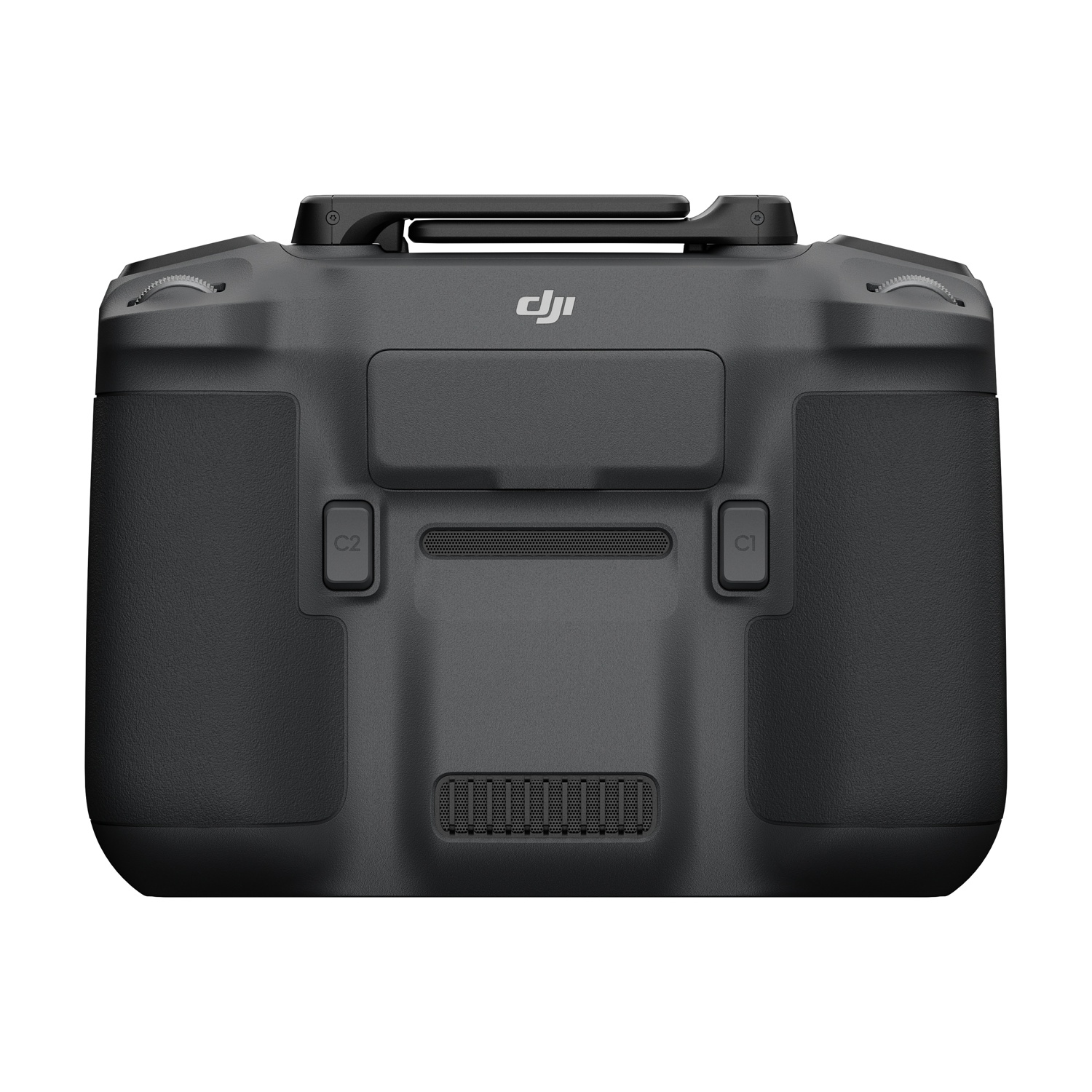 Manico nero del controller DJI con pulsanti e prese d'aria.