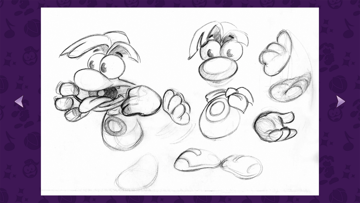 Bocetos de la cabeza, manos y pies de Rayman en varias poses.