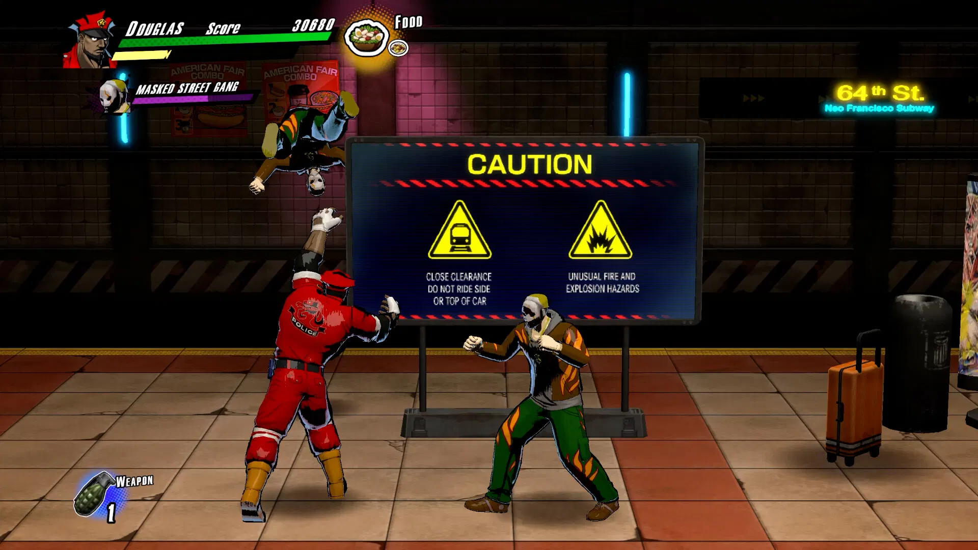 Dos luchadores en una plataforma de metro con un cartel de advertencia.