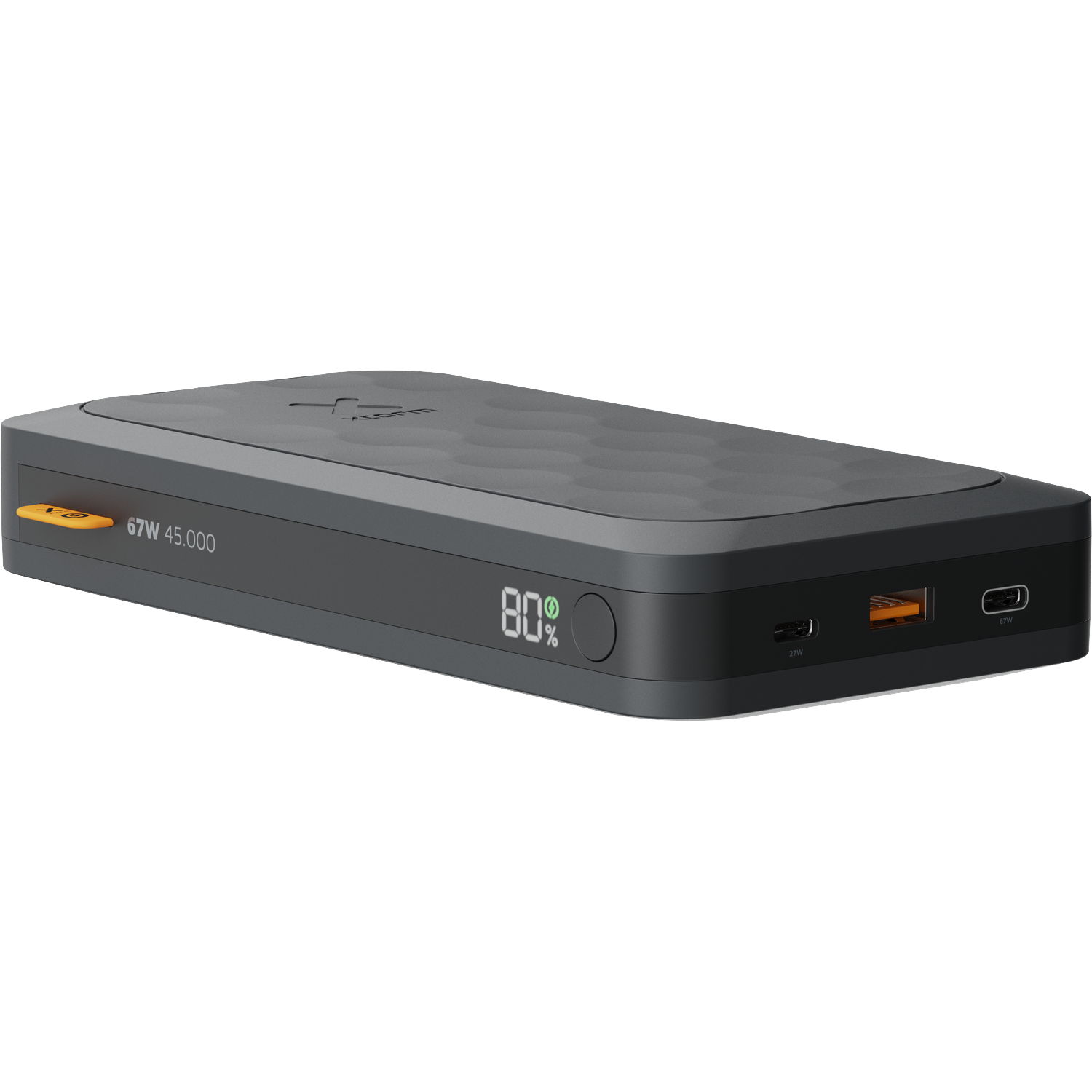 Gray power bank showing 80% charge, with USB-C and USB-A ports.
