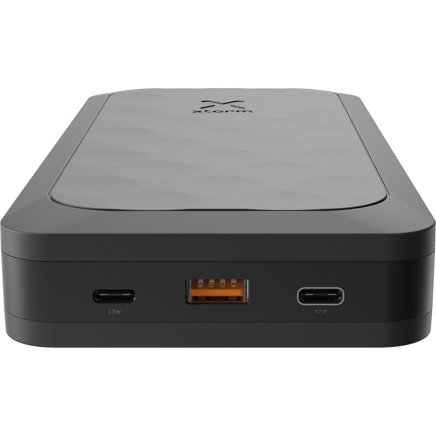 A dark gray power bank with a textured top and USB-C ports labeled 27W and 67W.