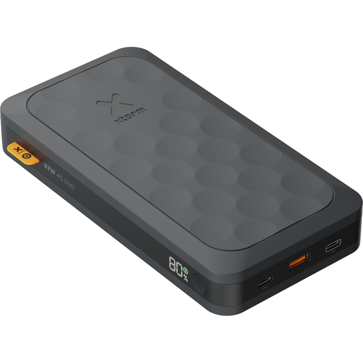 Dark gray Xtorm power bank with pattern, 80% charge, USB-C and USB-A ports.