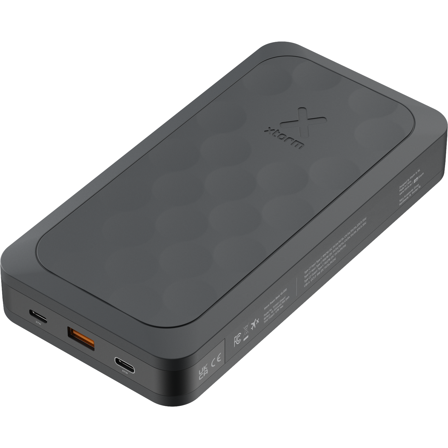 Dark grey power bank with X logo, two USB-C and one USB-A port.