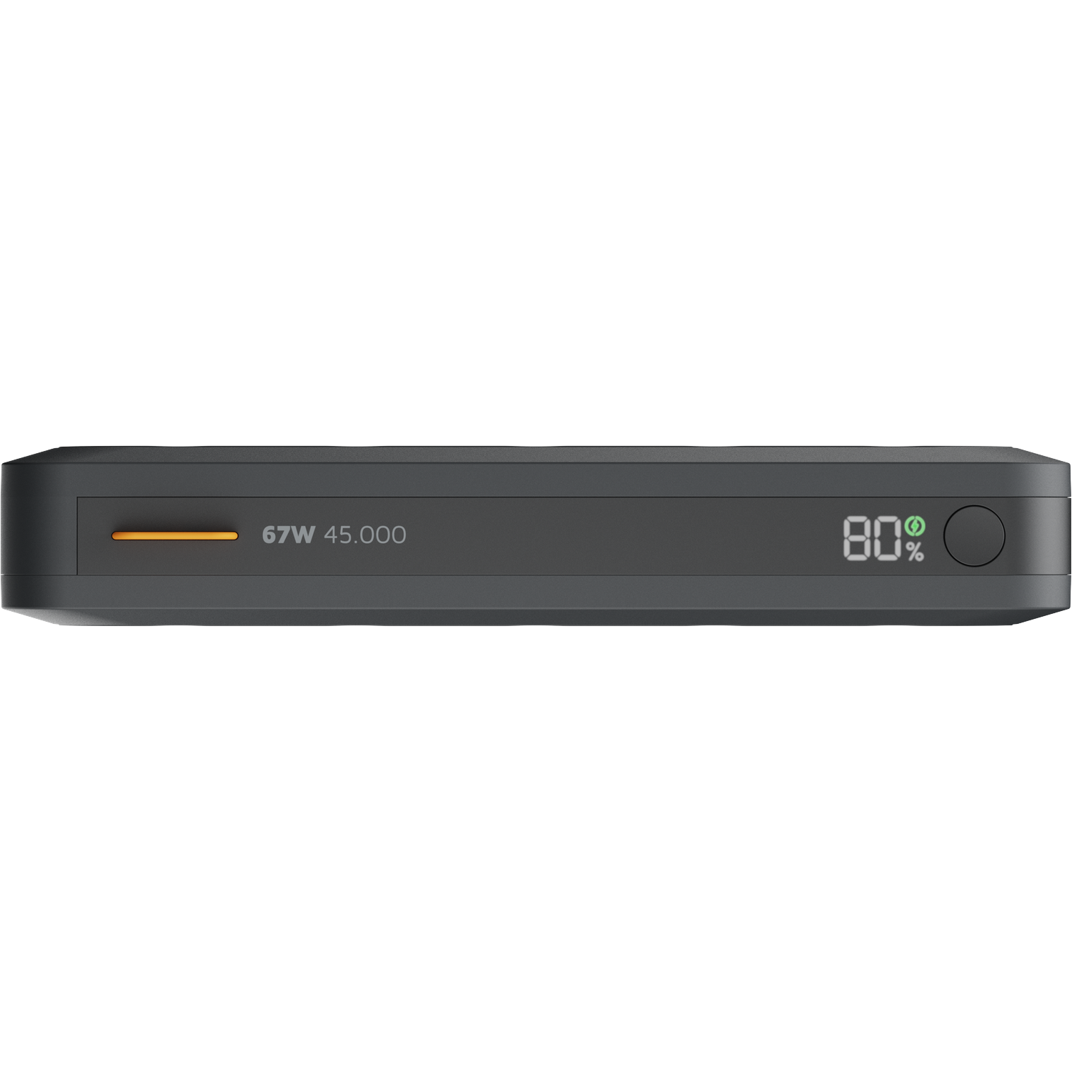 Gray power bank with 67W 45,000 capacity and 80% charge indicator.