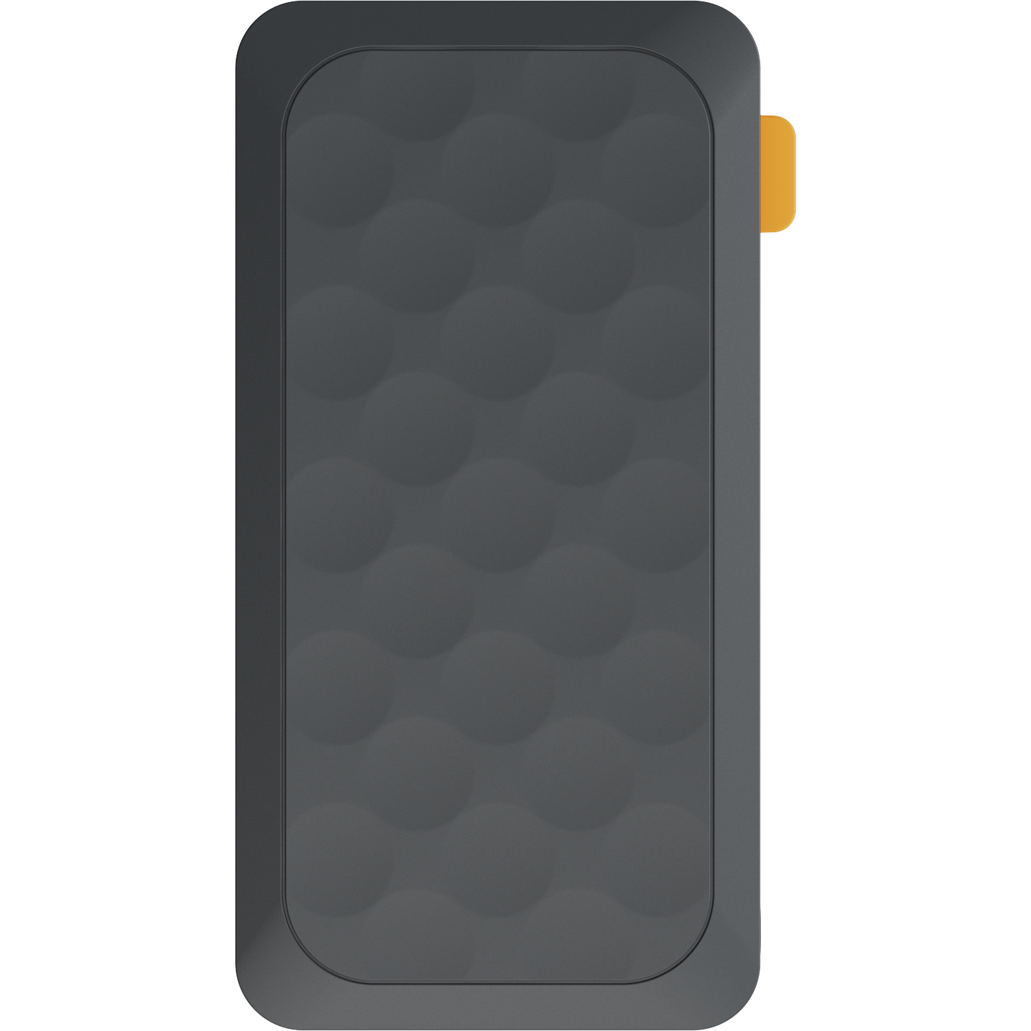 A dark, rectangular device with a circular pattern and a yellow tab.
