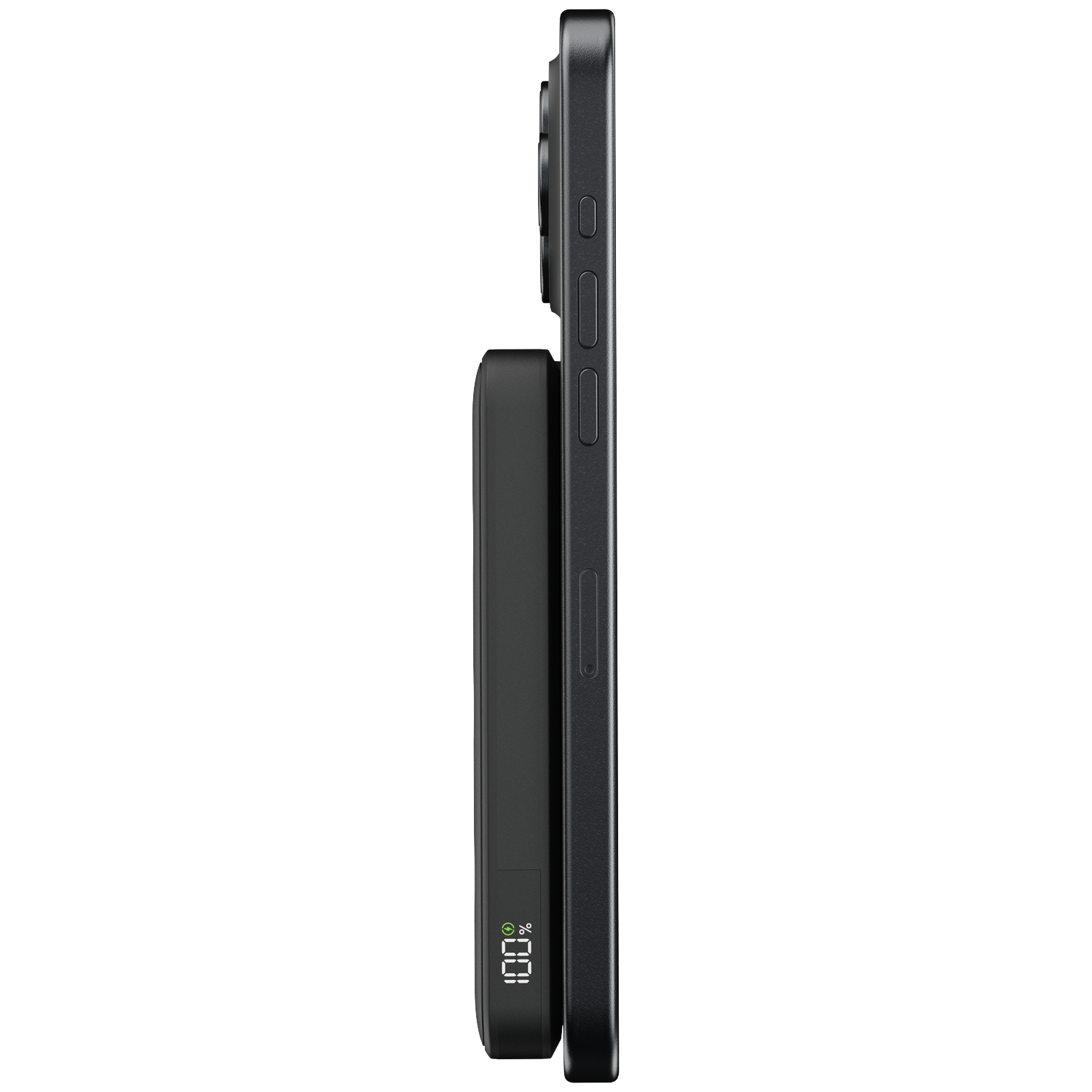 A black power bank showing 100% is attached to the back of a black smartphone.