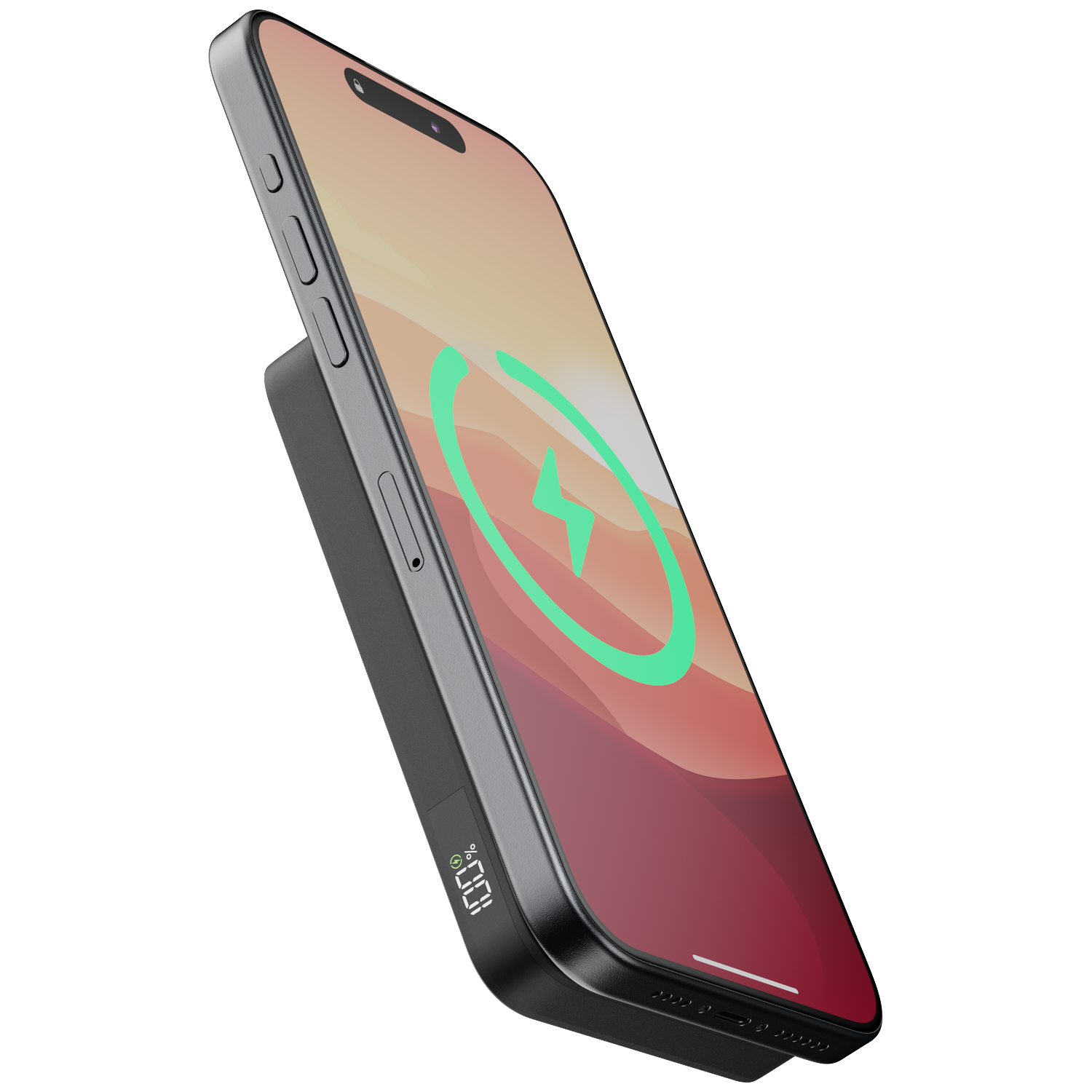 A black smartphone with a charging indicator and lightning bolt on screen.