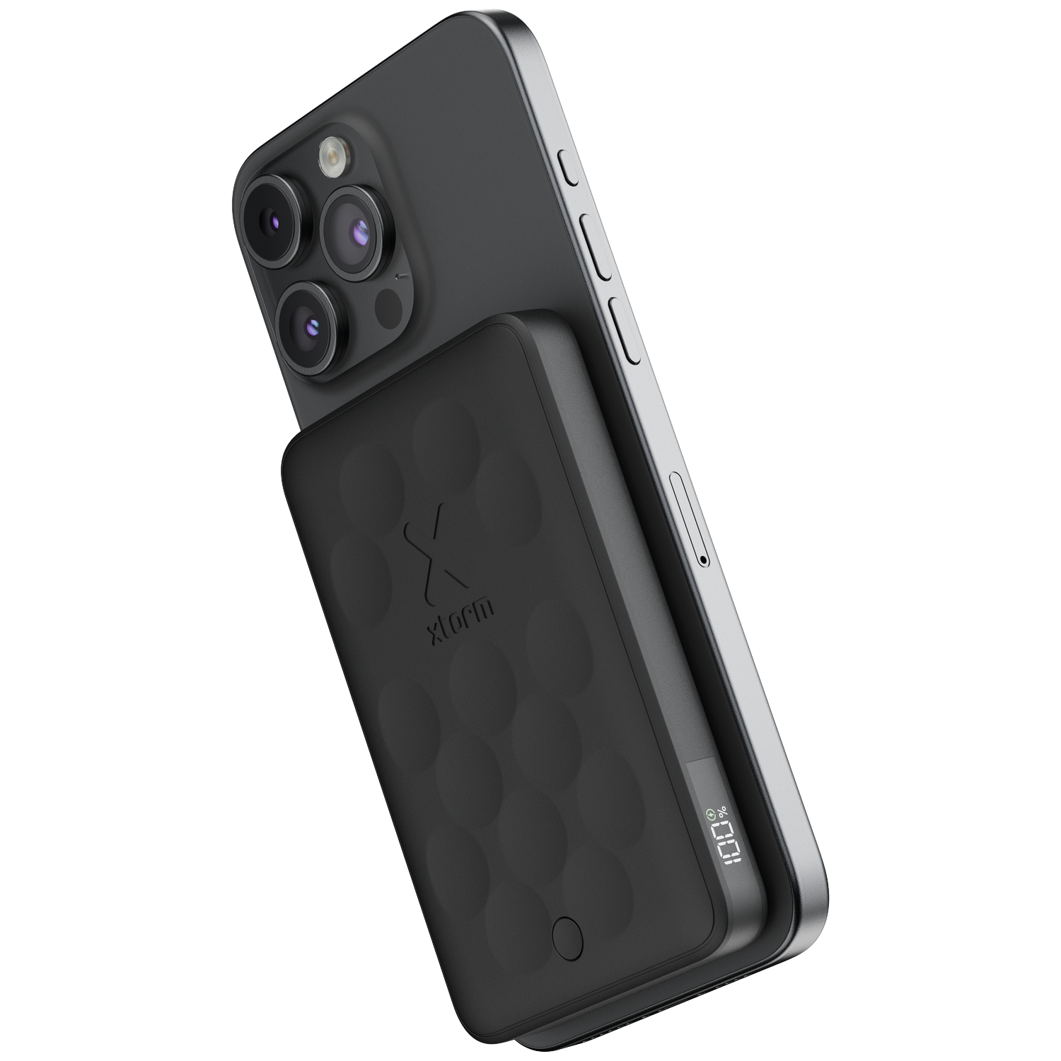 Gray iPhone with black honeycomb power bank showing 100% charge.