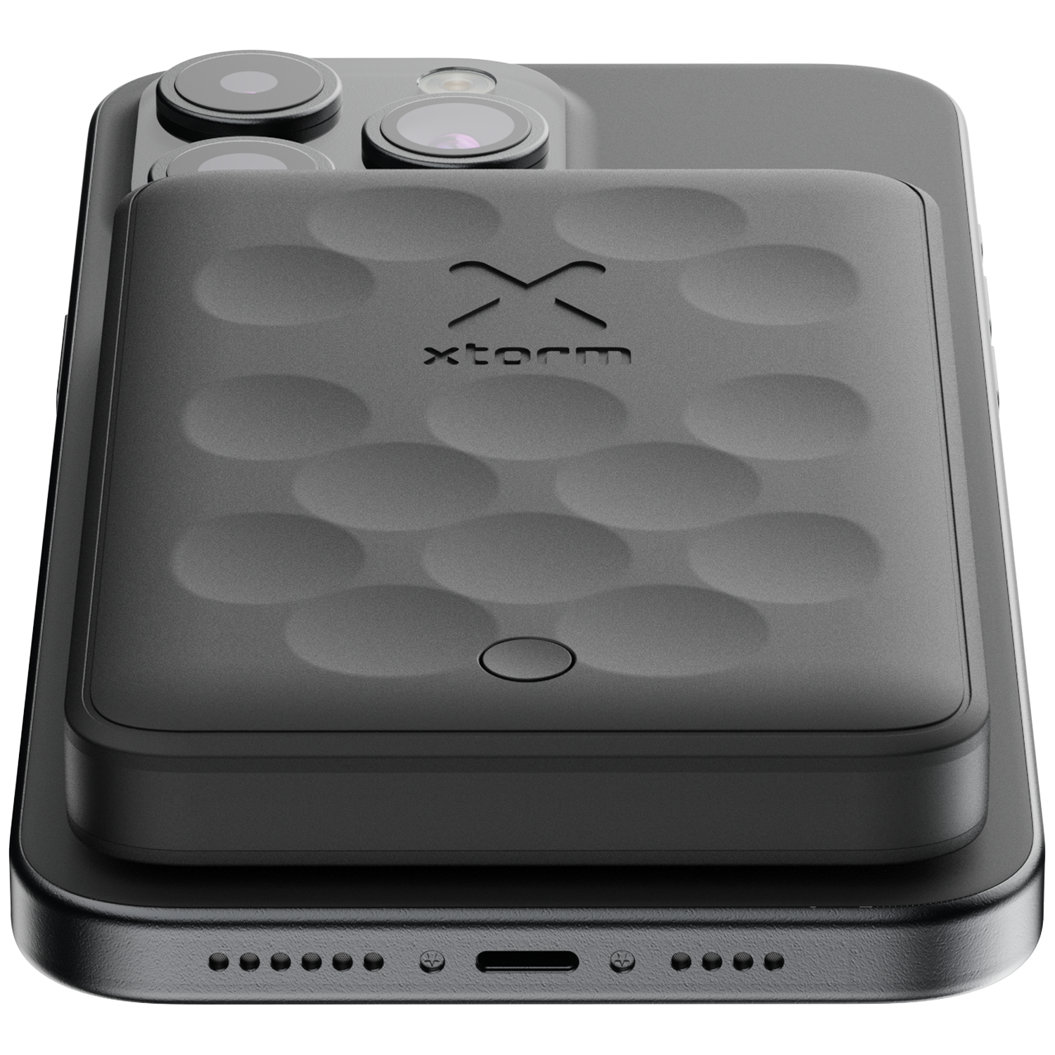 Black smartphone with an attached black Xtorm battery pack featuring a honeycomb pattern.