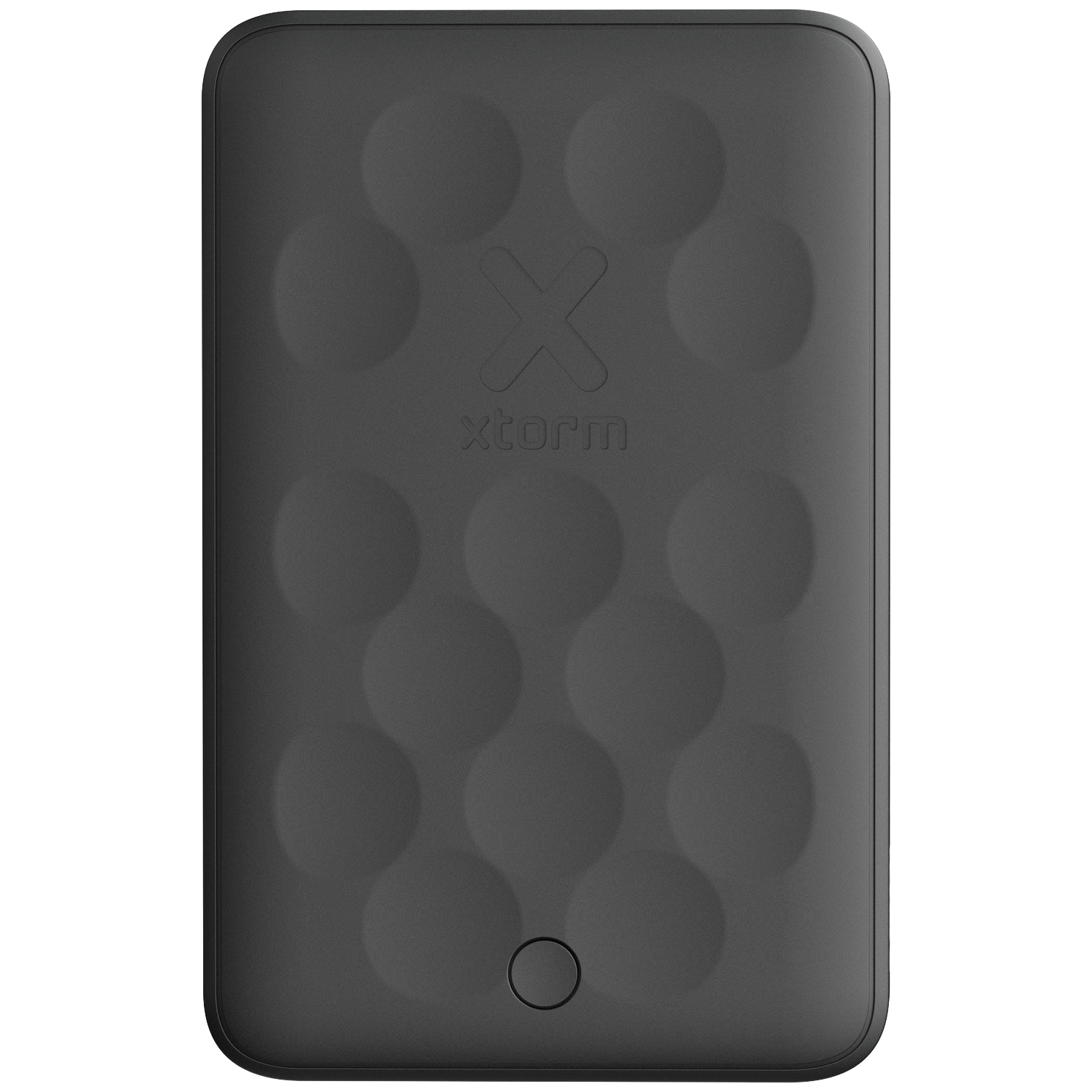 Black power bank with circular raised bumps and logo.