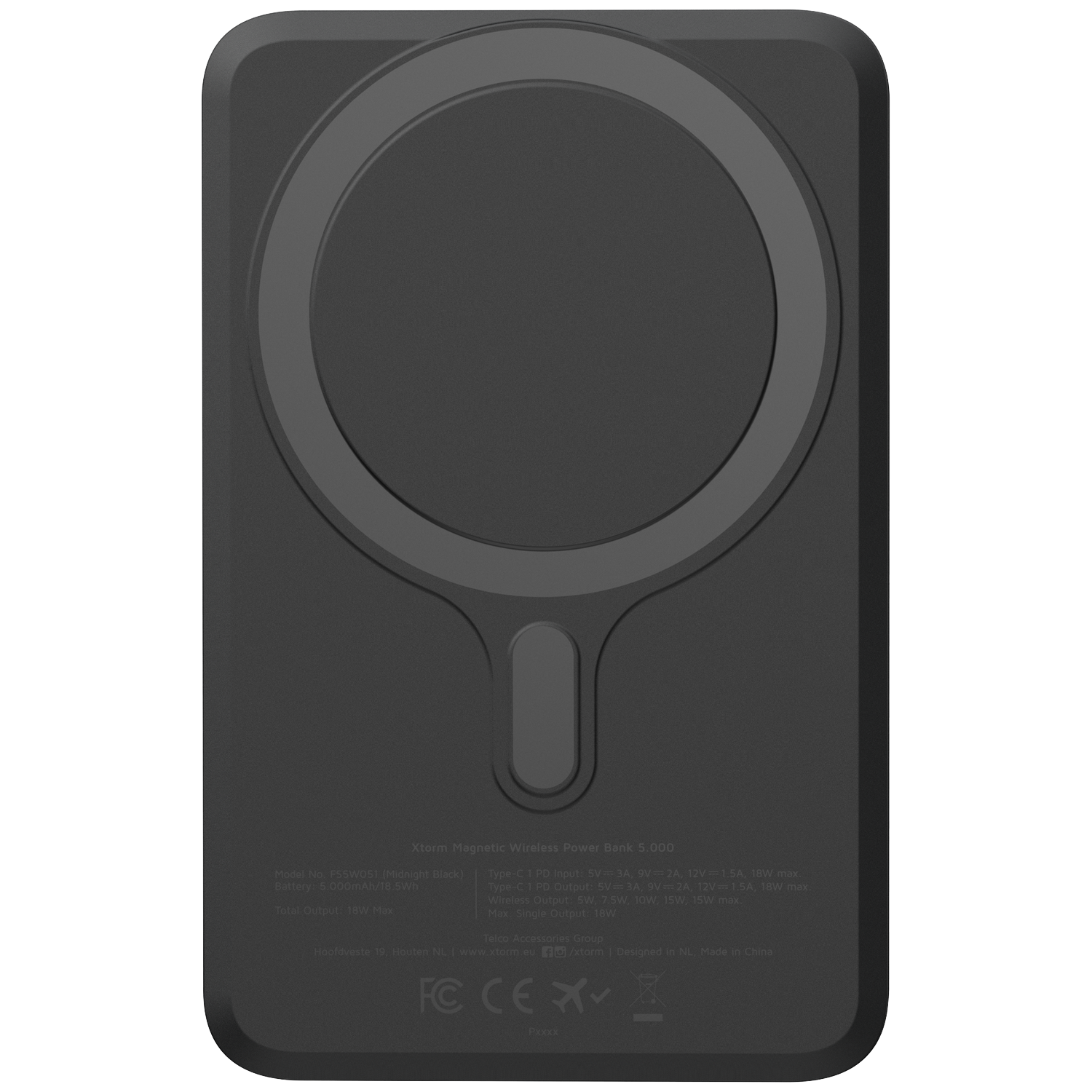 Black Xtorm magnetic wireless power bank with technical specifications.