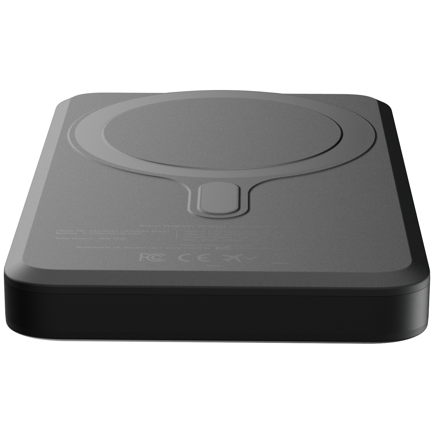 Dark gray MagSafe charger with circular pattern and text.