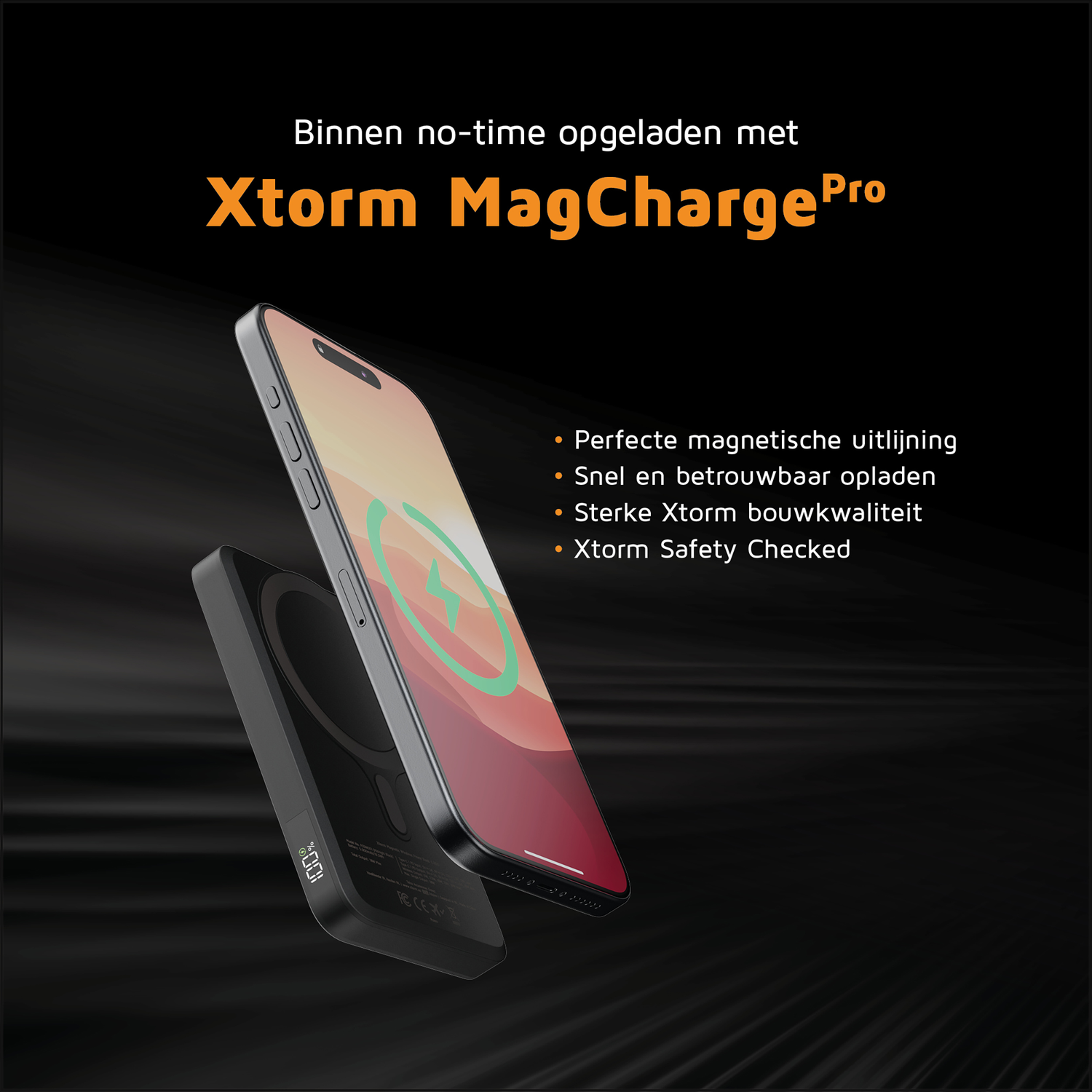 Black Xtorm MagCharge Pro charger with iPhone, showing 100% charge.