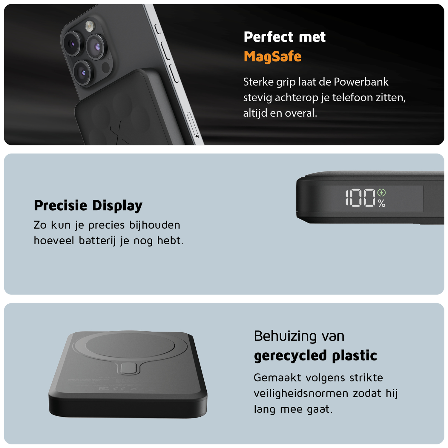 A black iPhone with MagSafe power bank in the top part of the image. Below, a power bank with a 100% display.