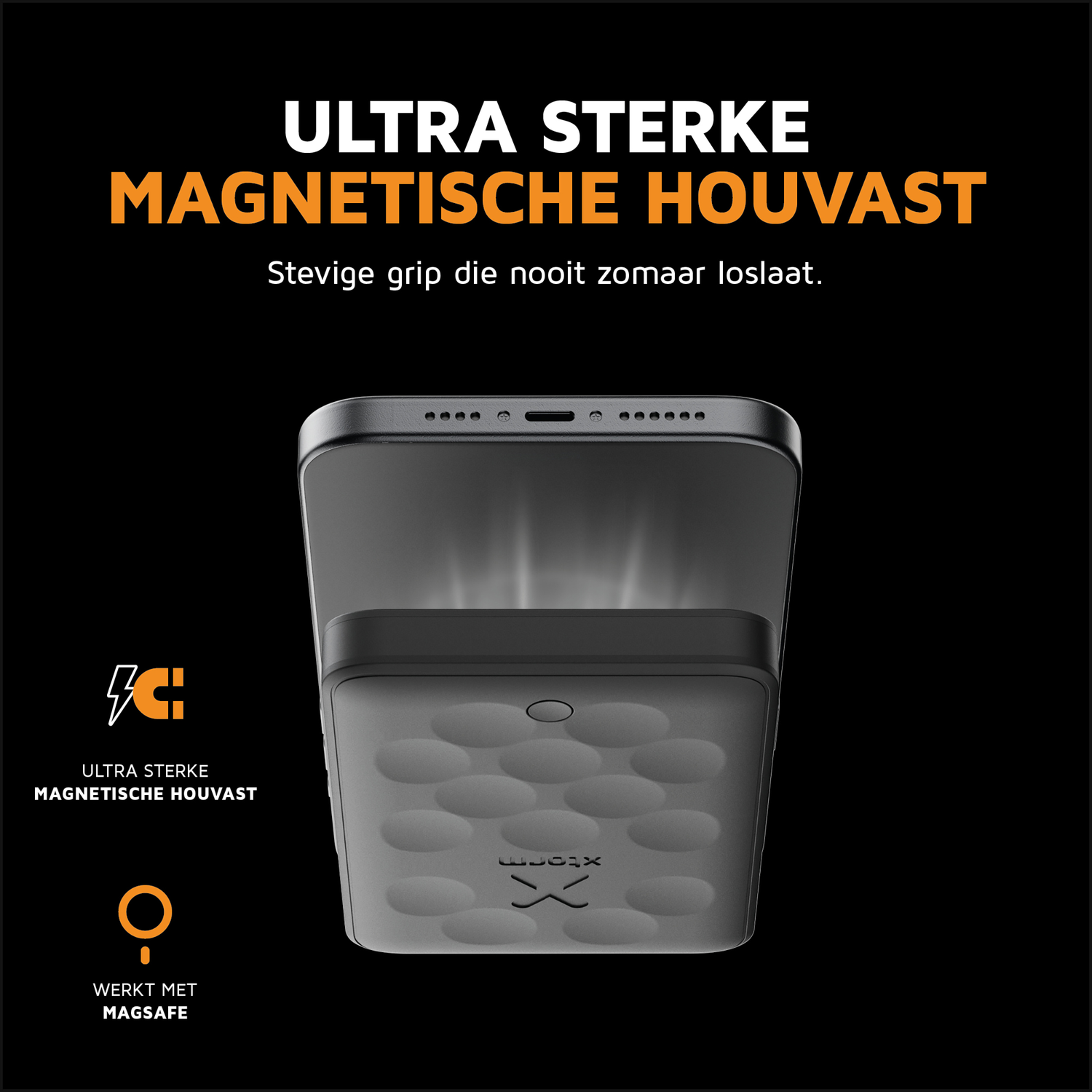 A black magnetic grip with a phone magnetically attaching to it.
