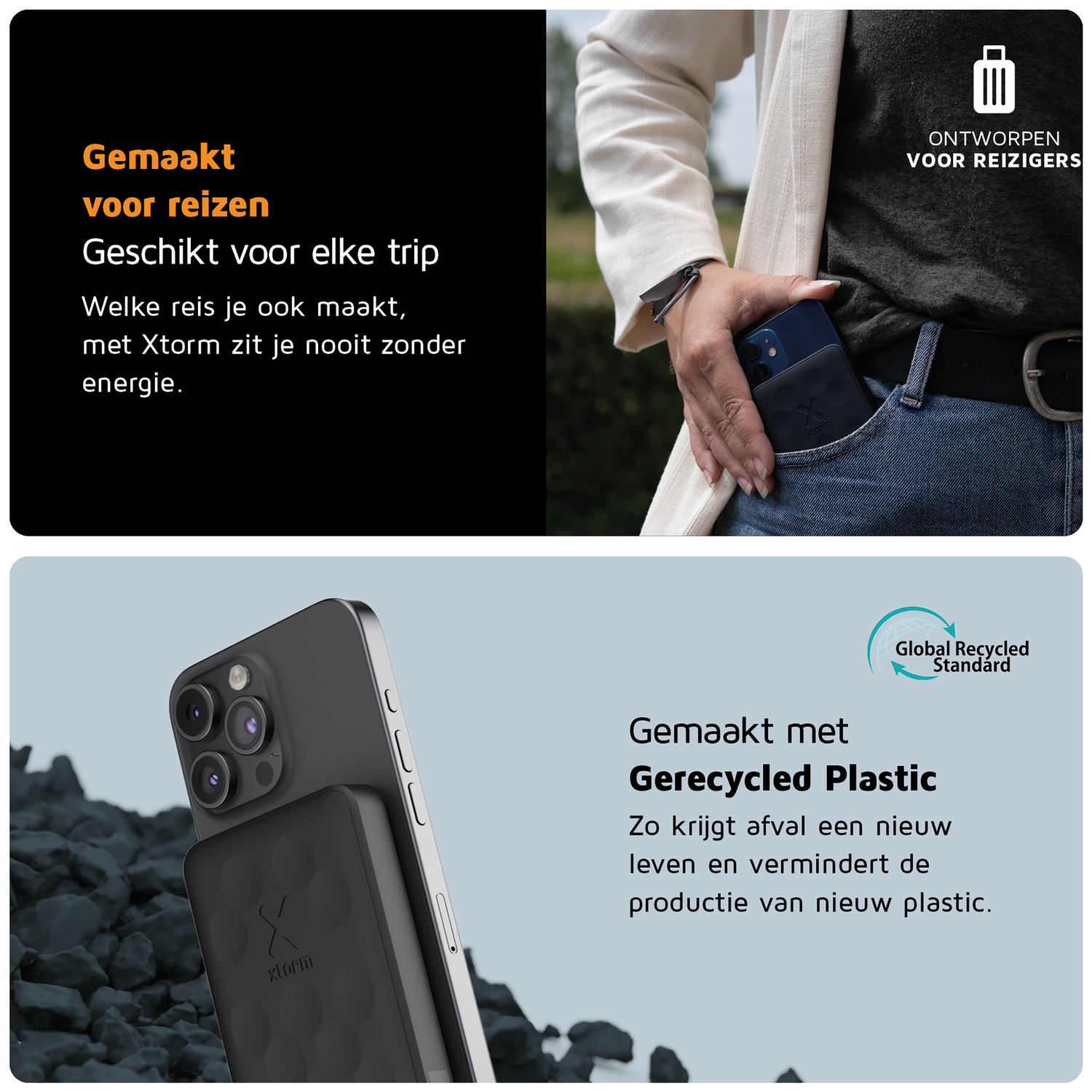 A black power bank attached to an iPhone in jeans, designed for travelers.