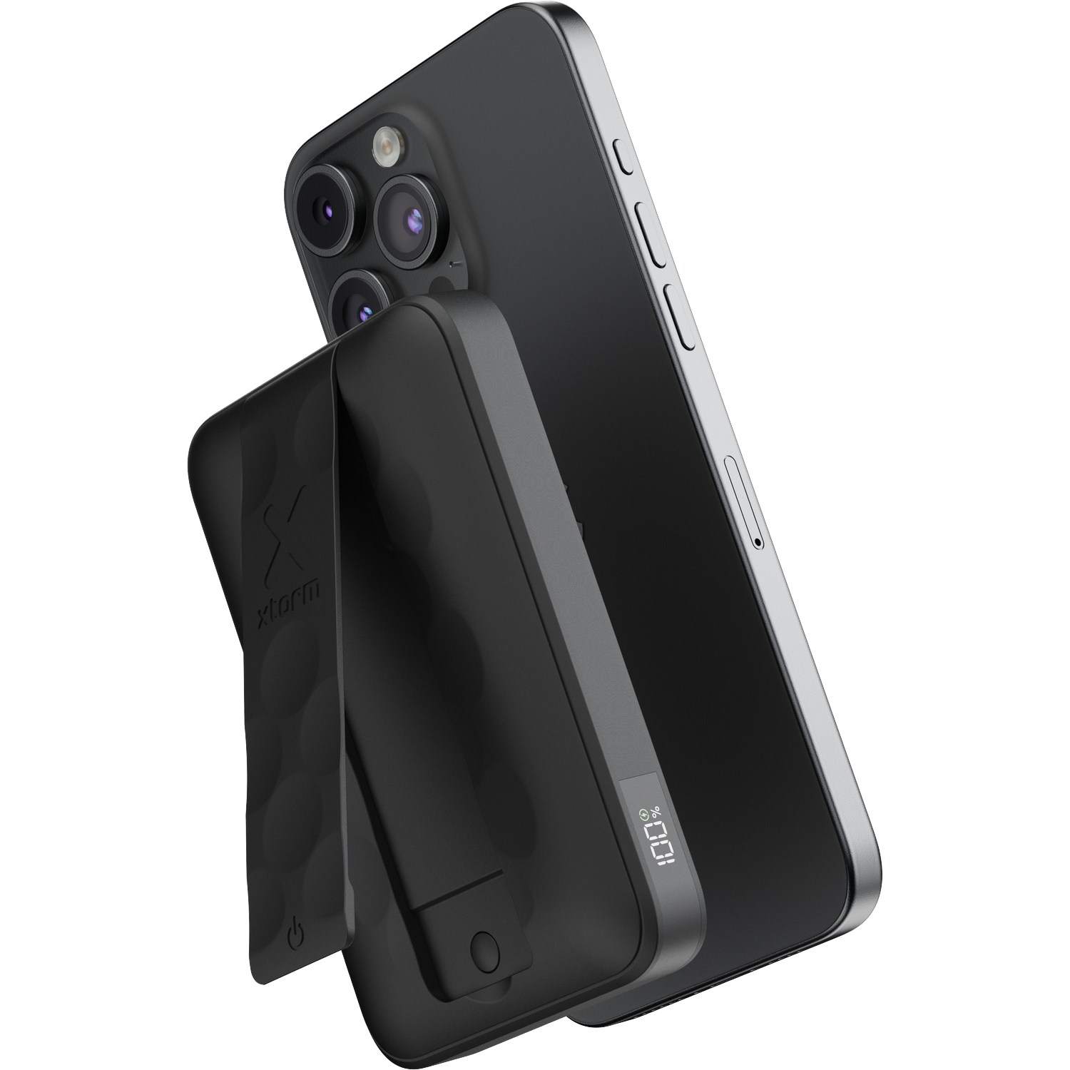A black smartphone with an attached black power bank displaying 100%.