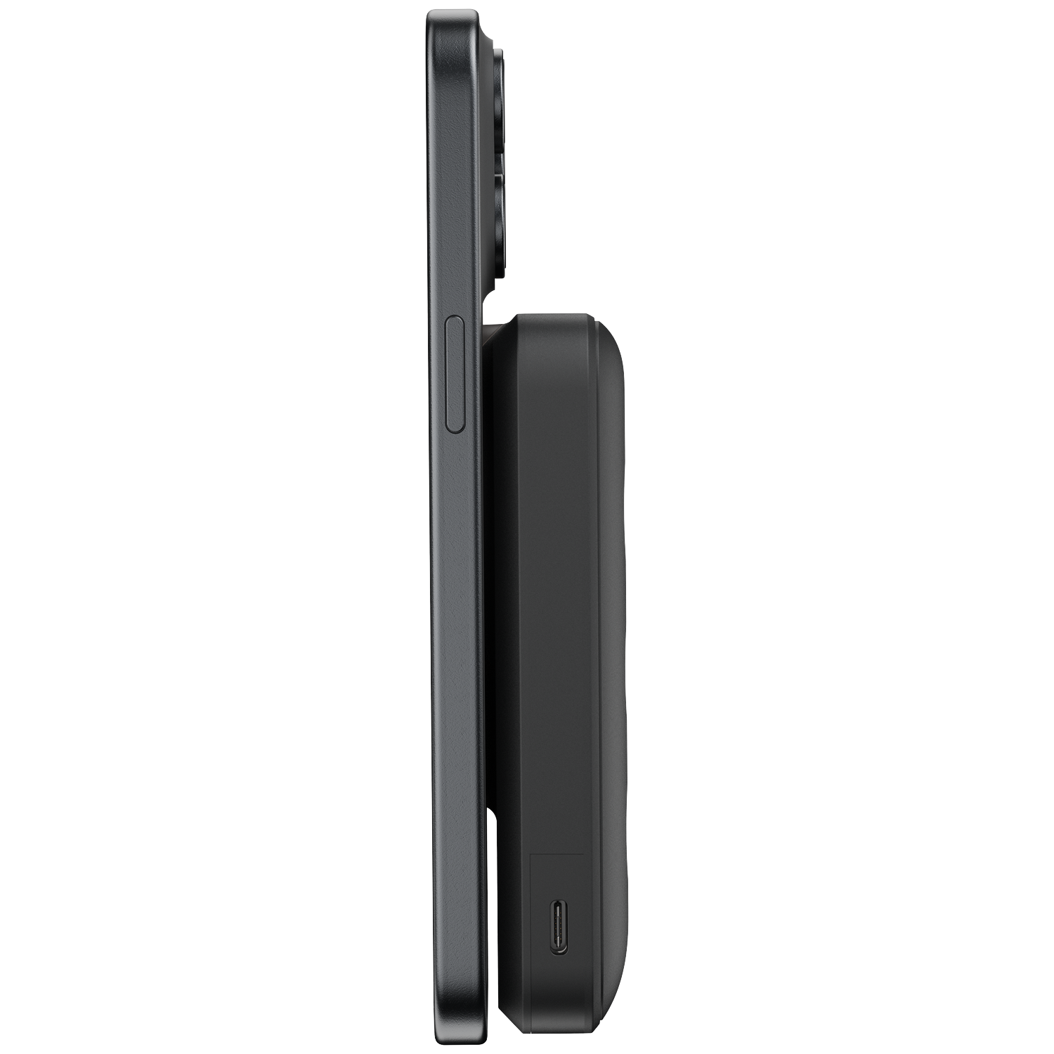 Black smartphone with attached black battery pack, side view.