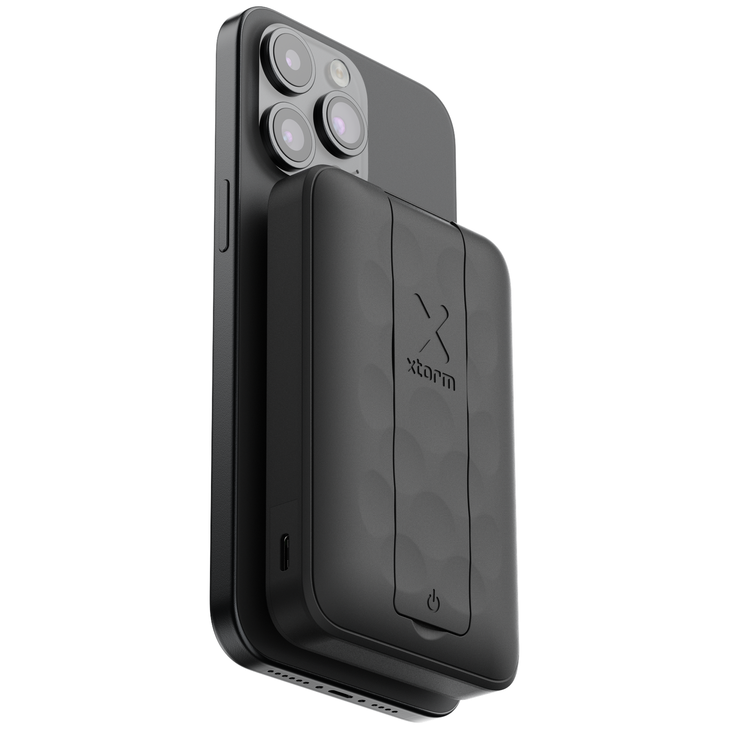 Black iPhone with attached black power bank. Close-up shot.