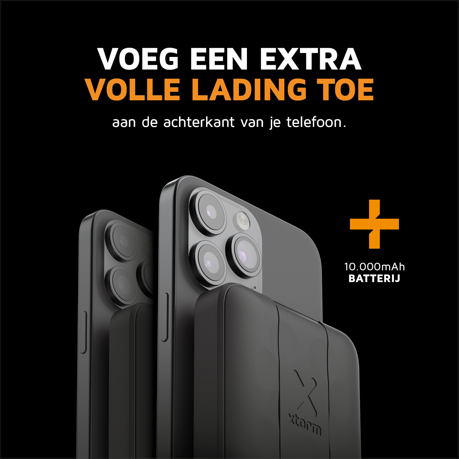 Black smartphone with power bank. Text: Add an extra full charge.