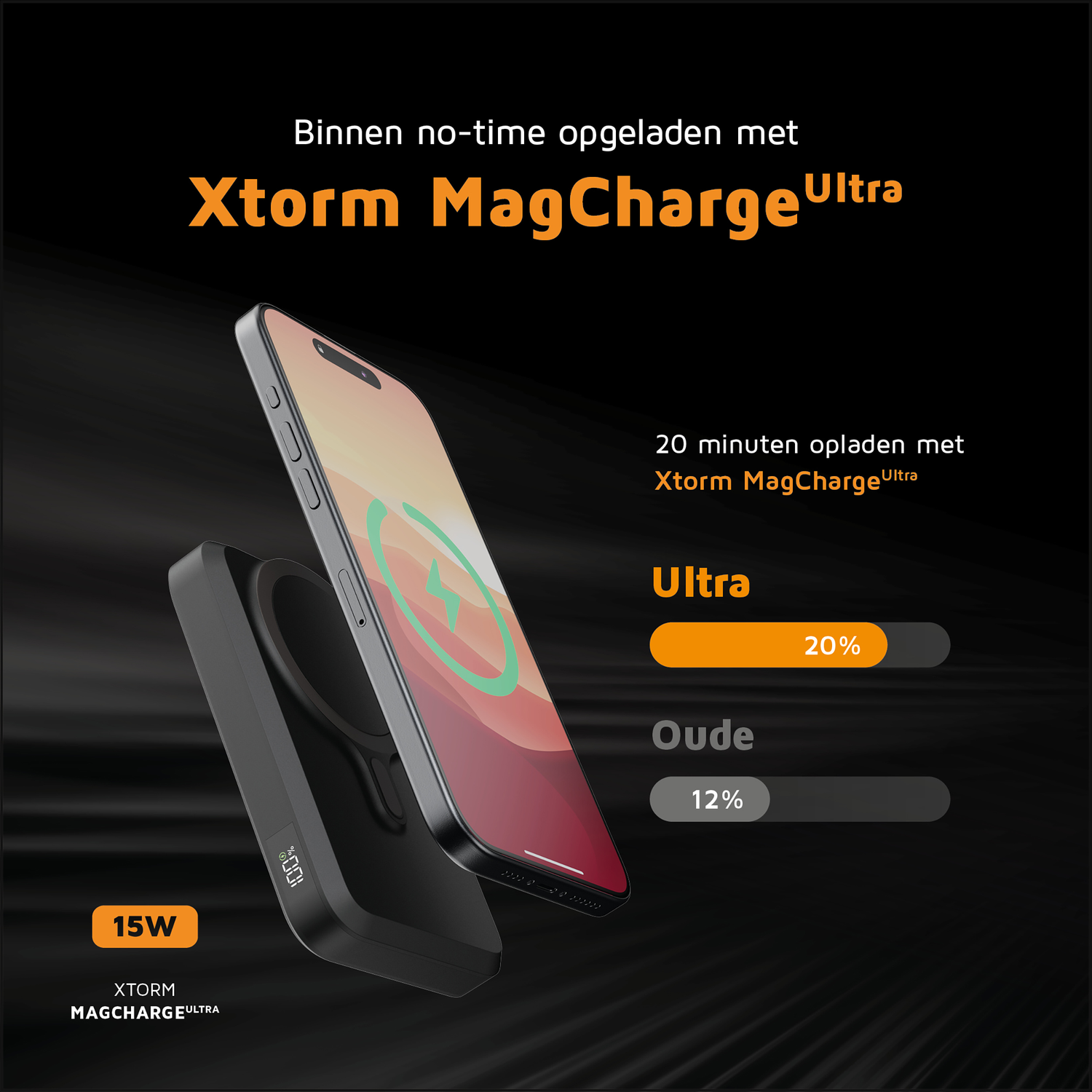 A smartphone is wirelessly charging on a black Xtorm MagCharge Ultra charger.