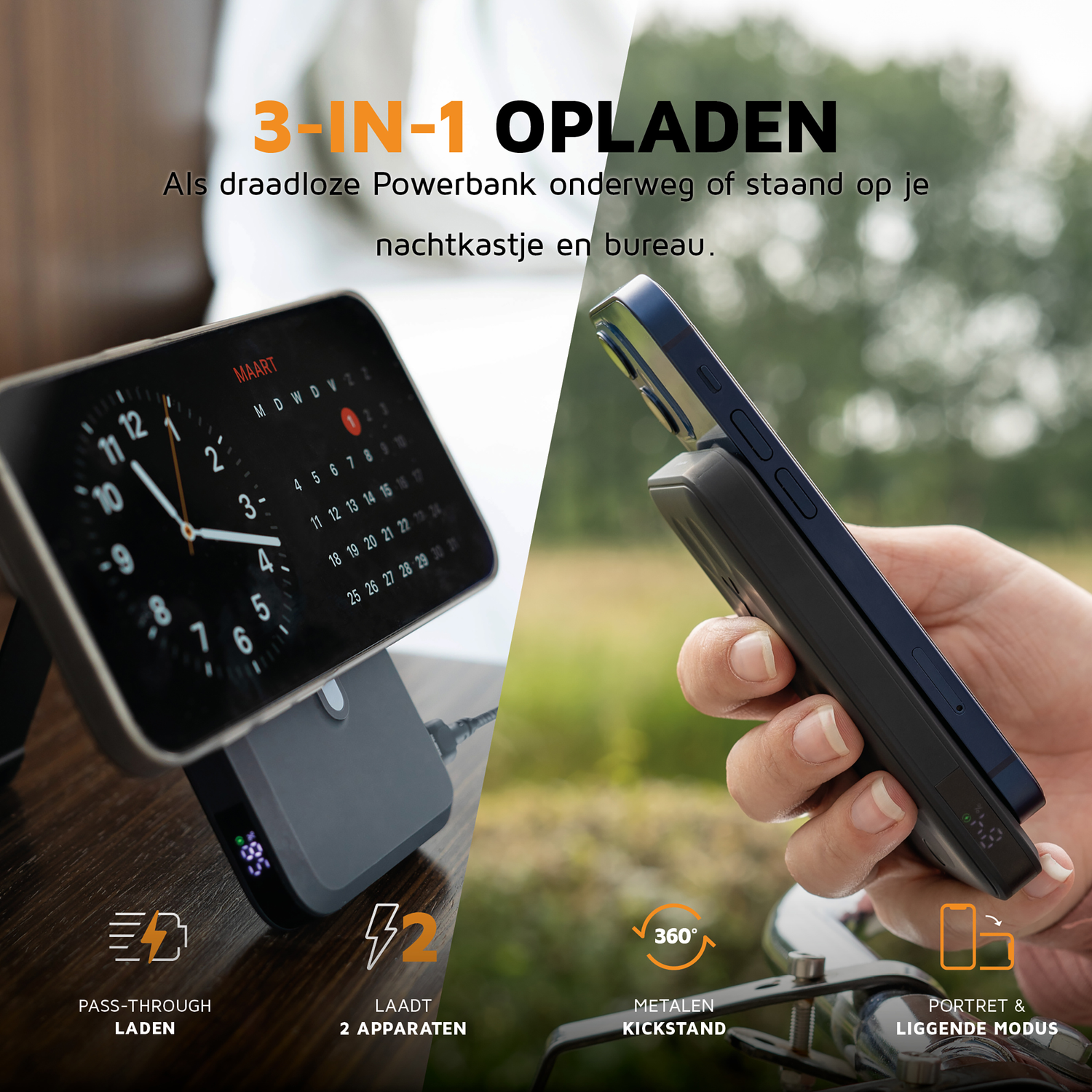 A smartphone and smartwatch charging on a power bank that doubles as a stand.
